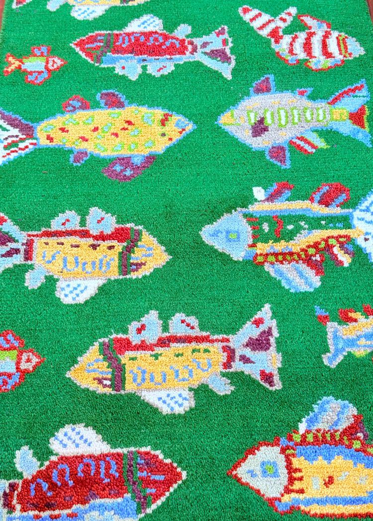Turkish Fish Runner 2.5×8, Green Wool Sea Animal Design, Handmade Bohemian Hallway Rug