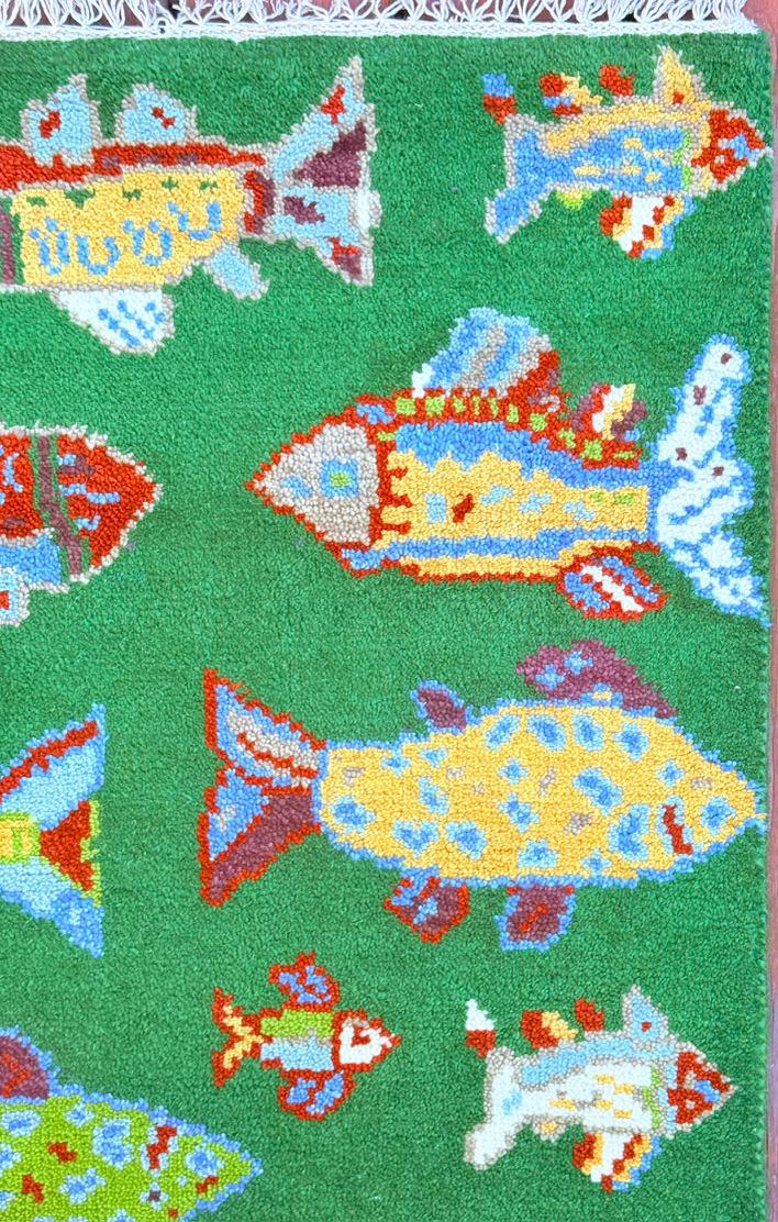Turkish Fish Runner 2.5×8, Green Wool Sea Animal Design, Handmade Bohemian Hallway Rug