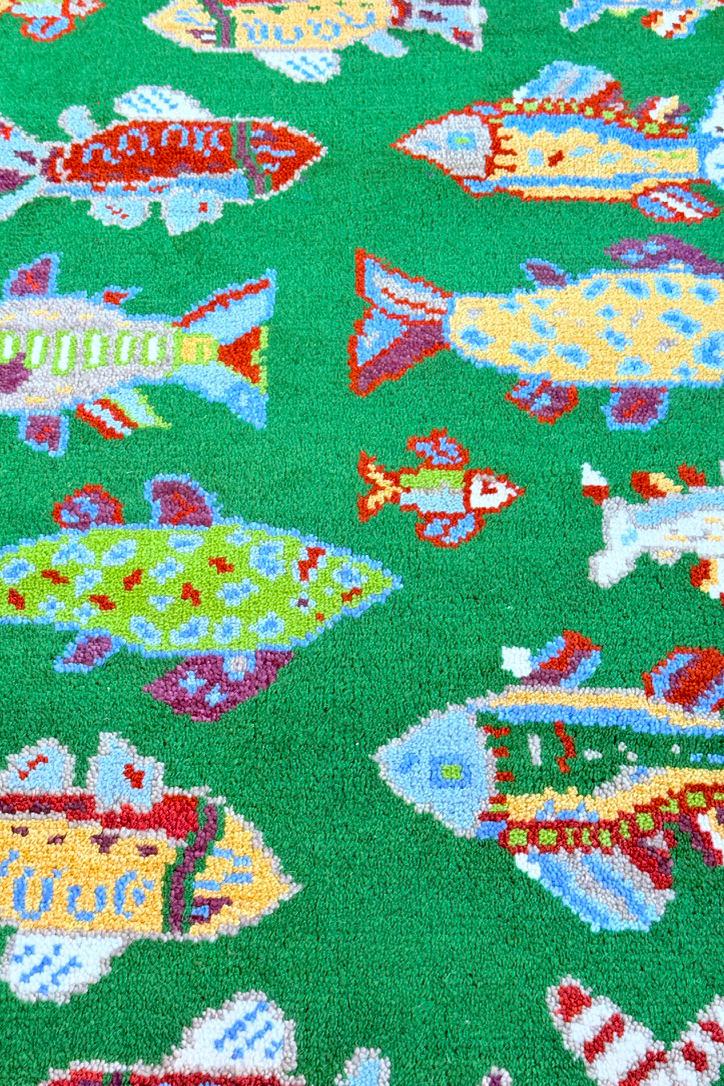 Turkish Fish Runner 2.5×8, Green Wool Sea Animal Design, Handmade Bohemian Hallway Rug