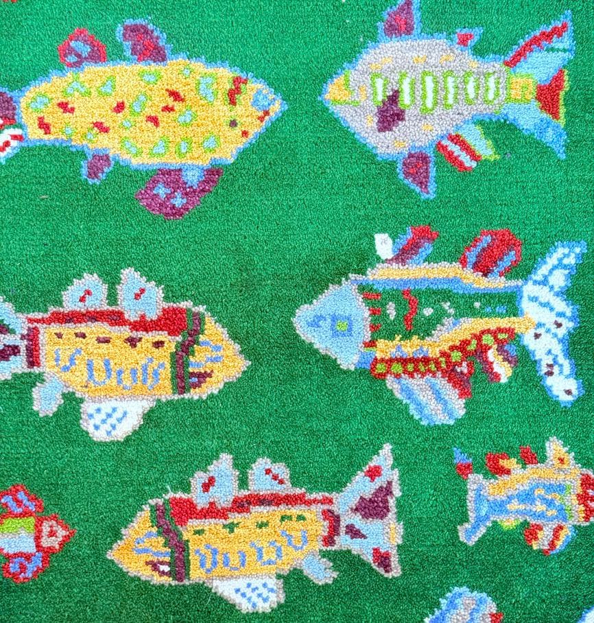 Turkish Fish Runner 2.5×8, Green Wool Sea Animal Design, Handmade Bohemian Hallway Rug