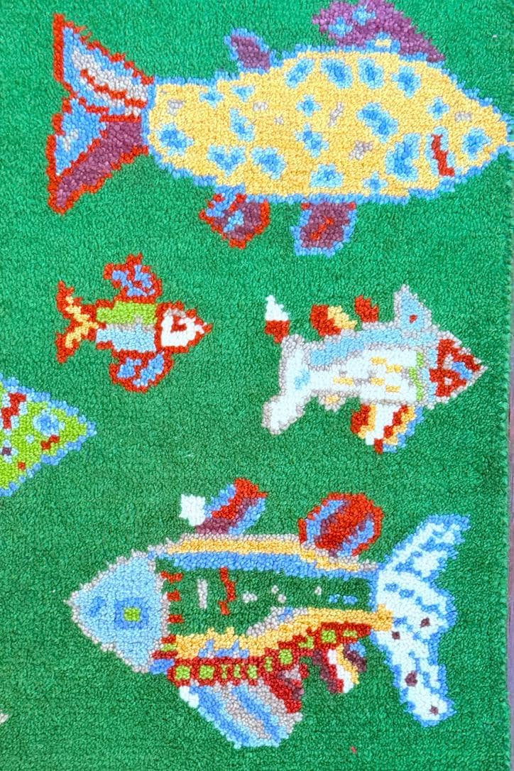 Turkish Fish Runner 2.5×8, Green Wool Sea Animal Design, Handmade Bohemian Hallway Rug