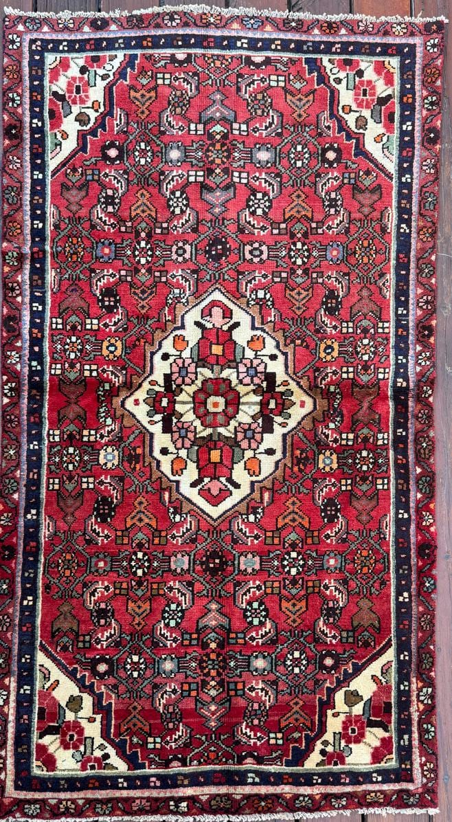 Vintage Turkish Rug 3.6×6.2, 1980s Anatolian Geometric Medallion Wool Village Rug