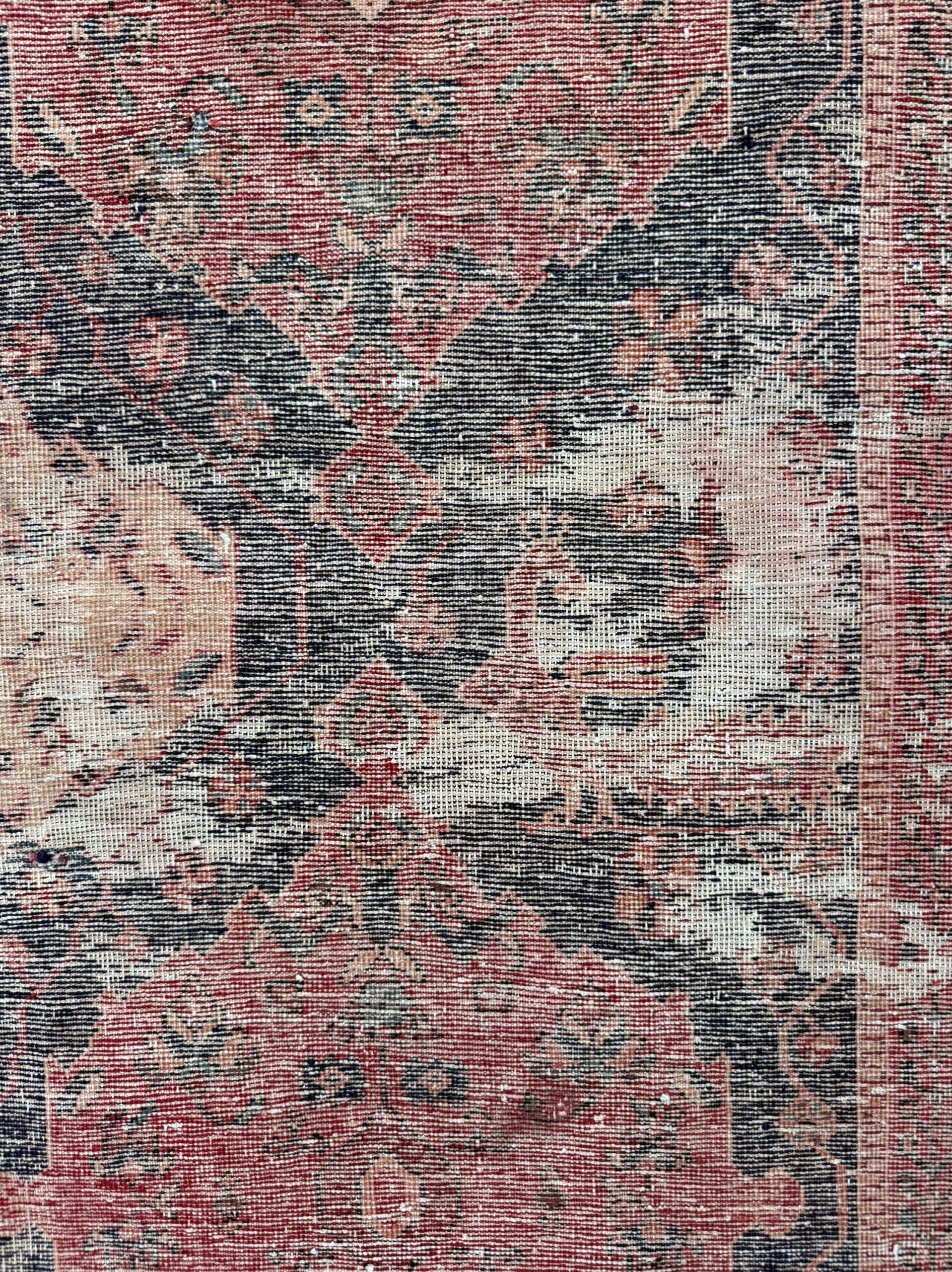 Vintage 4×5 ft – Distressed Wool Rug with Birds, Tribal Medallion, Navy Red Handmade Area Rug 1960s