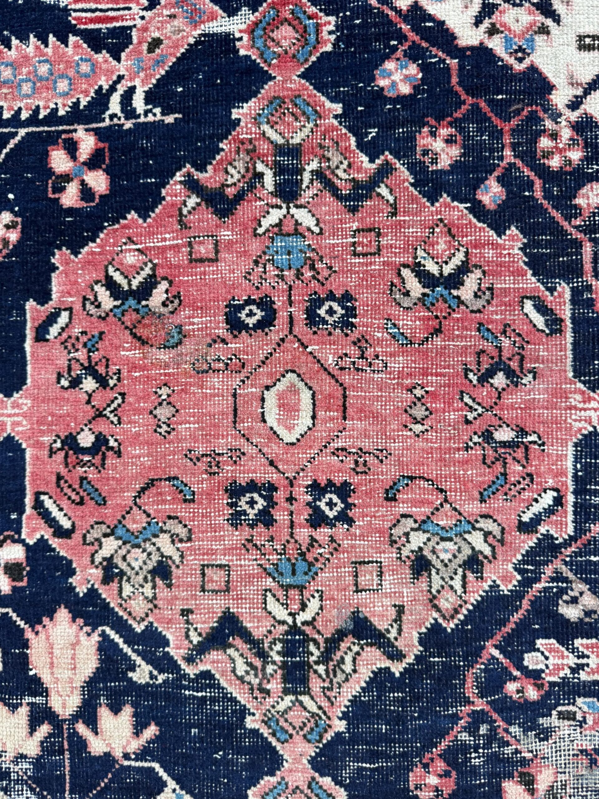 Vintage 4×5 ft – Distressed Wool Rug with Birds, Tribal Medallion, Navy Red Handmade Area Rug 1960s