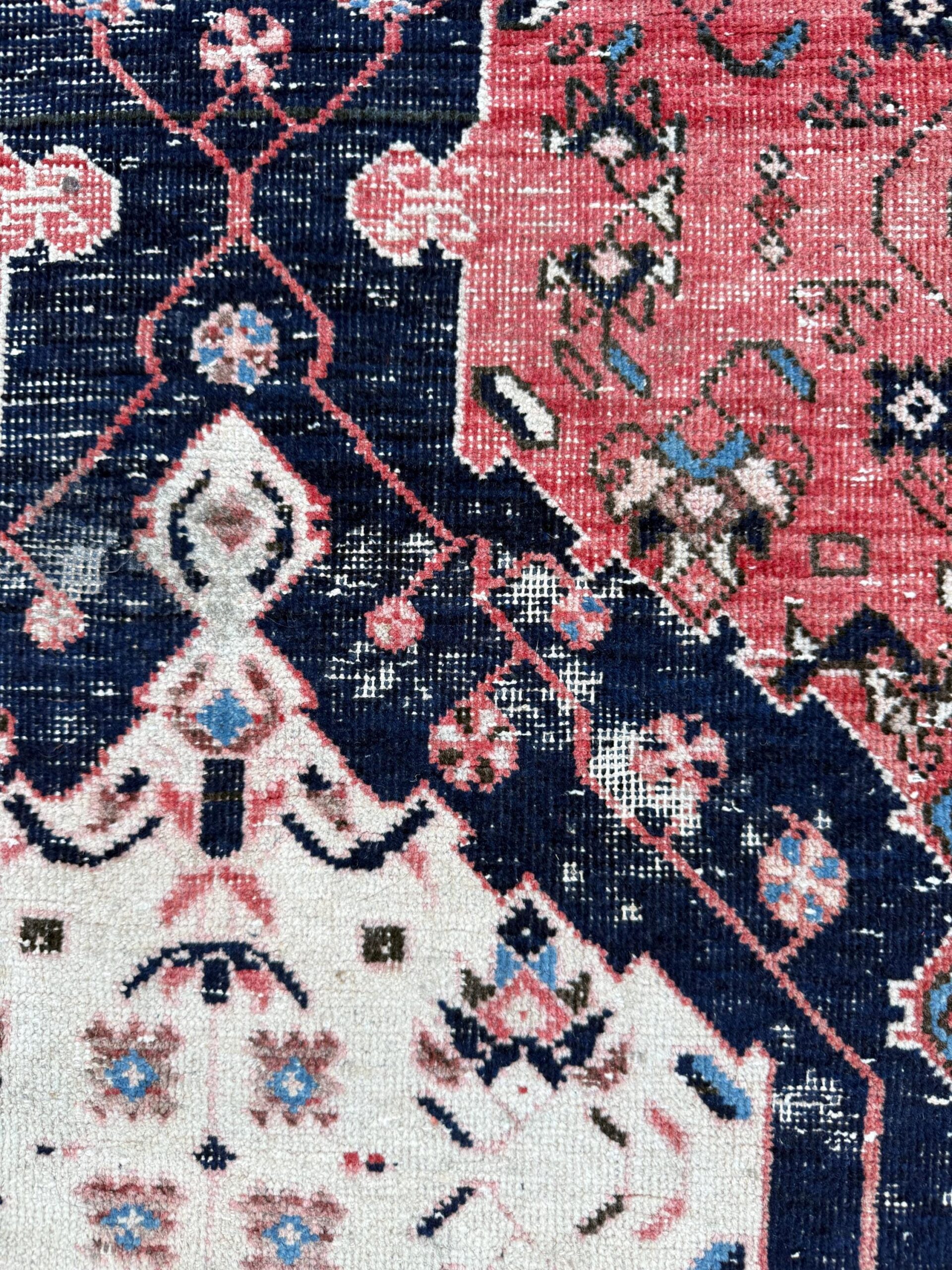 Vintage 4×5 ft – Distressed Wool Rug with Birds, Tribal Medallion, Navy Red Handmade Area Rug 1960s