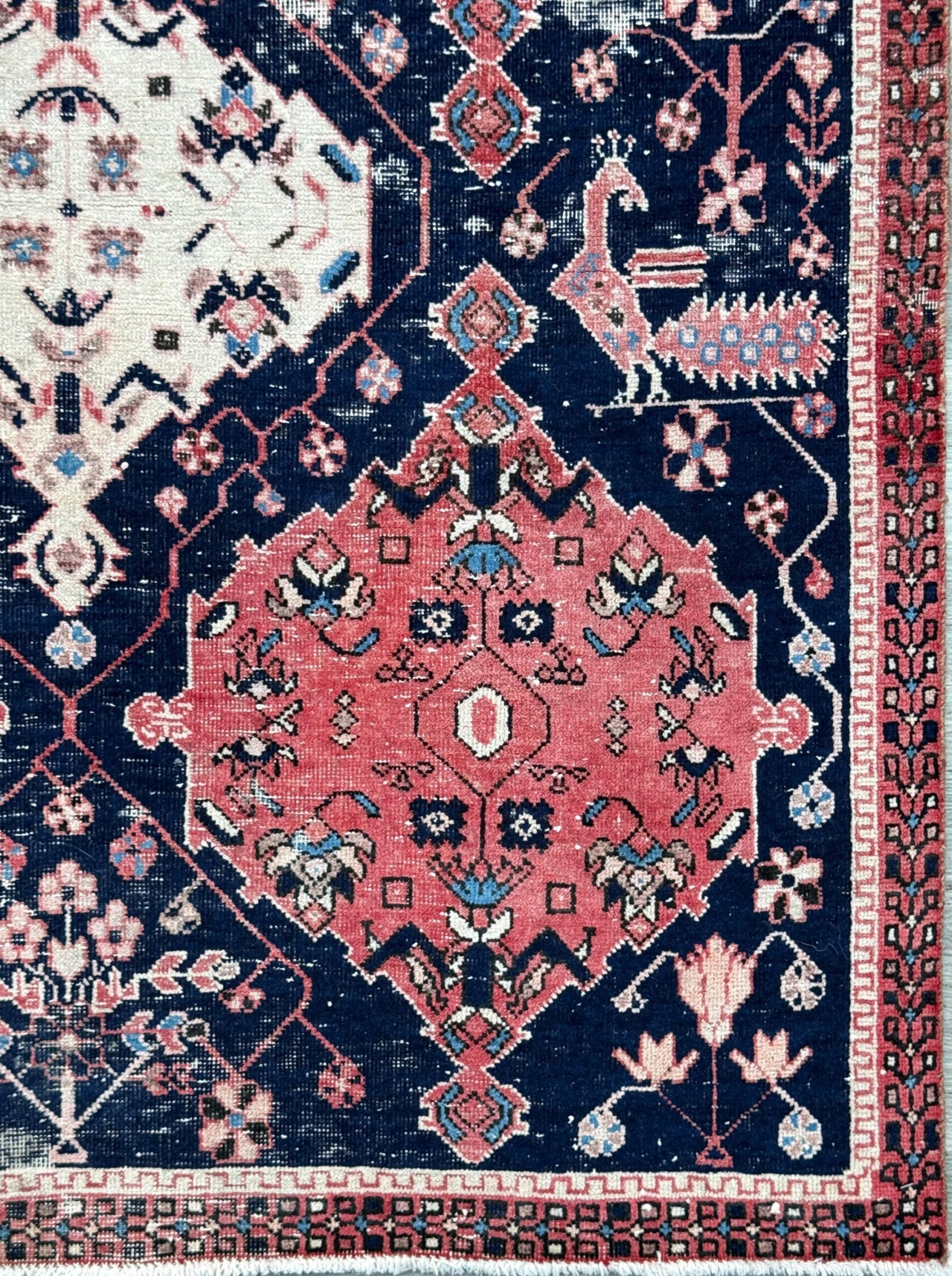 Vintage 4×5 ft – Distressed Wool Rug with Birds, Tribal Medallion, Navy Red Handmade Area Rug 1960s