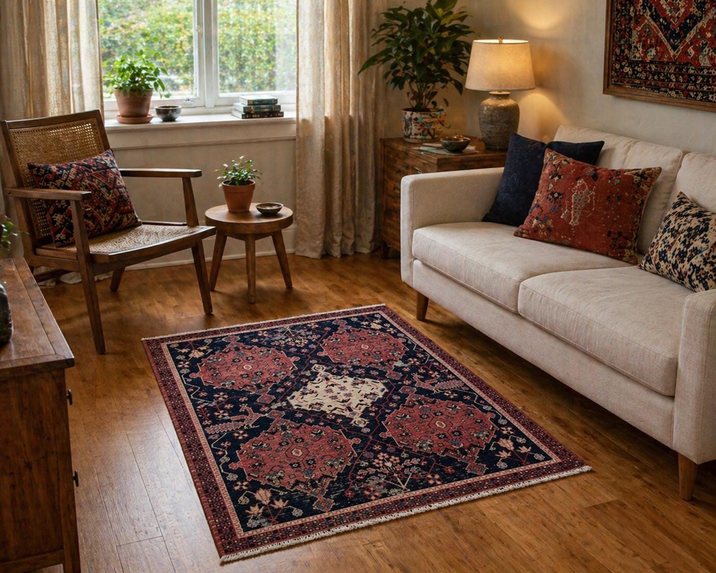 Vintage 4×5 ft – Distressed Wool Rug with Birds, Tribal Medallion, Navy Red Handmade Area Rug 1960s