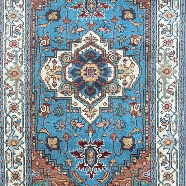 Blue Heriz Style 4×6 Rug, Hand Knotted Wool Turkish Medallion Carpet