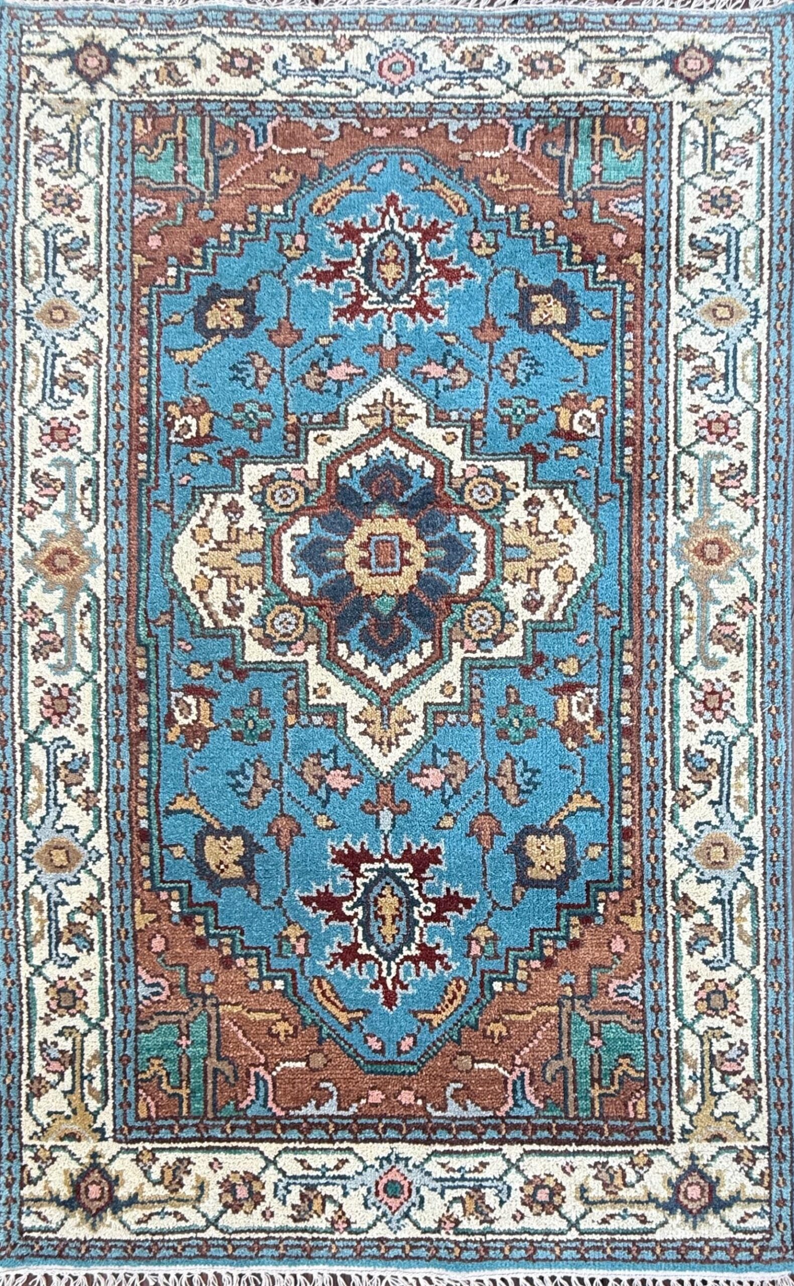 Blue Heriz Style 4×6 Rug, Hand Knotted Wool Turkish Medallion Carpet