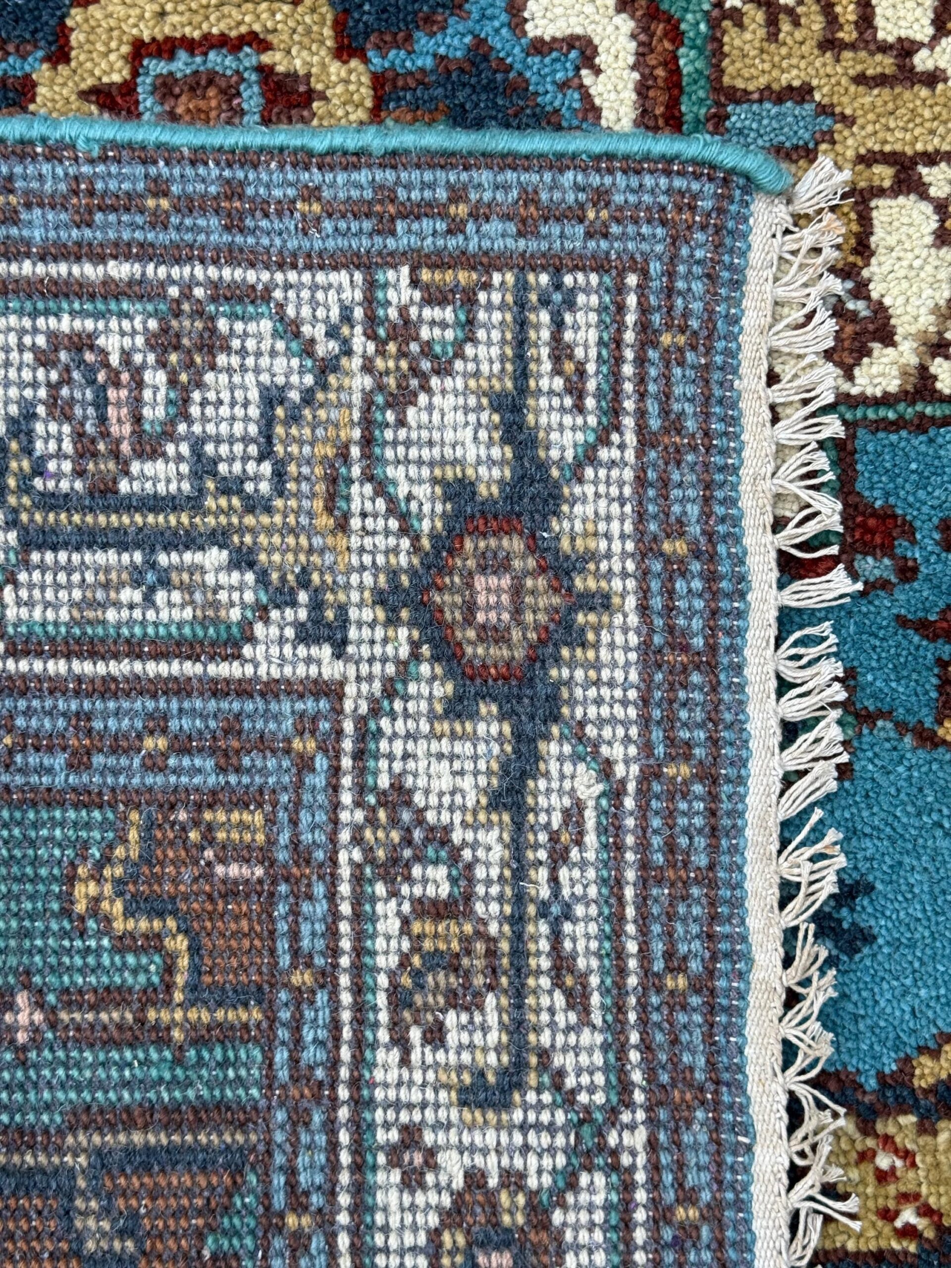 Blue Heriz Style 4×6 Rug, Hand Knotted Wool Turkish Medallion Carpet