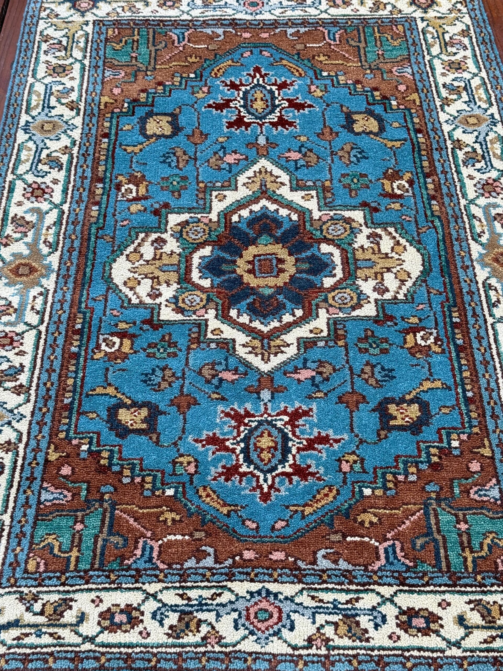 Blue Heriz Style 4×6 Rug, Hand Knotted Wool Turkish Medallion Carpet