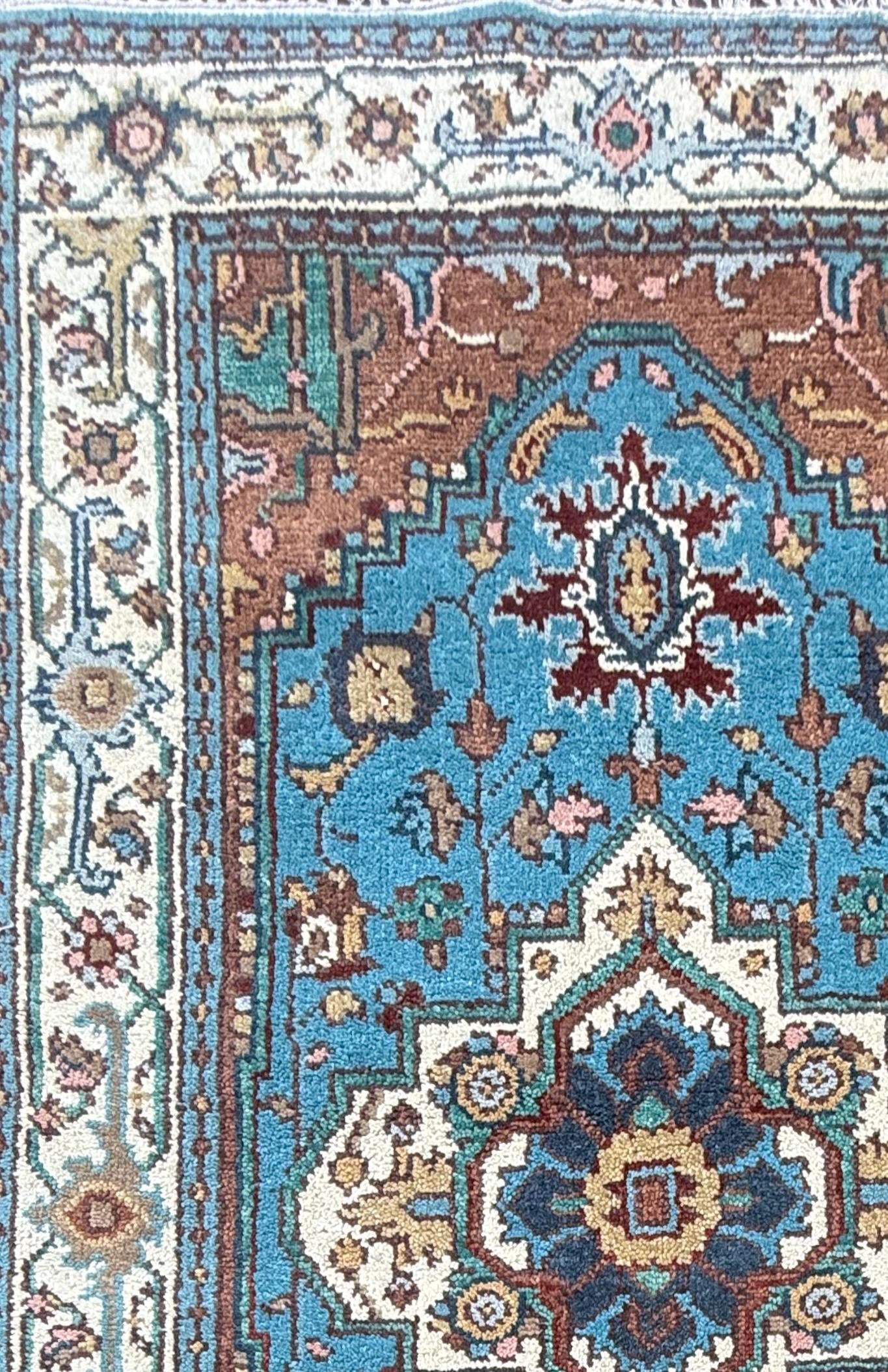 Blue Heriz Style 4×6 Rug, Hand Knotted Wool Turkish Medallion Carpet