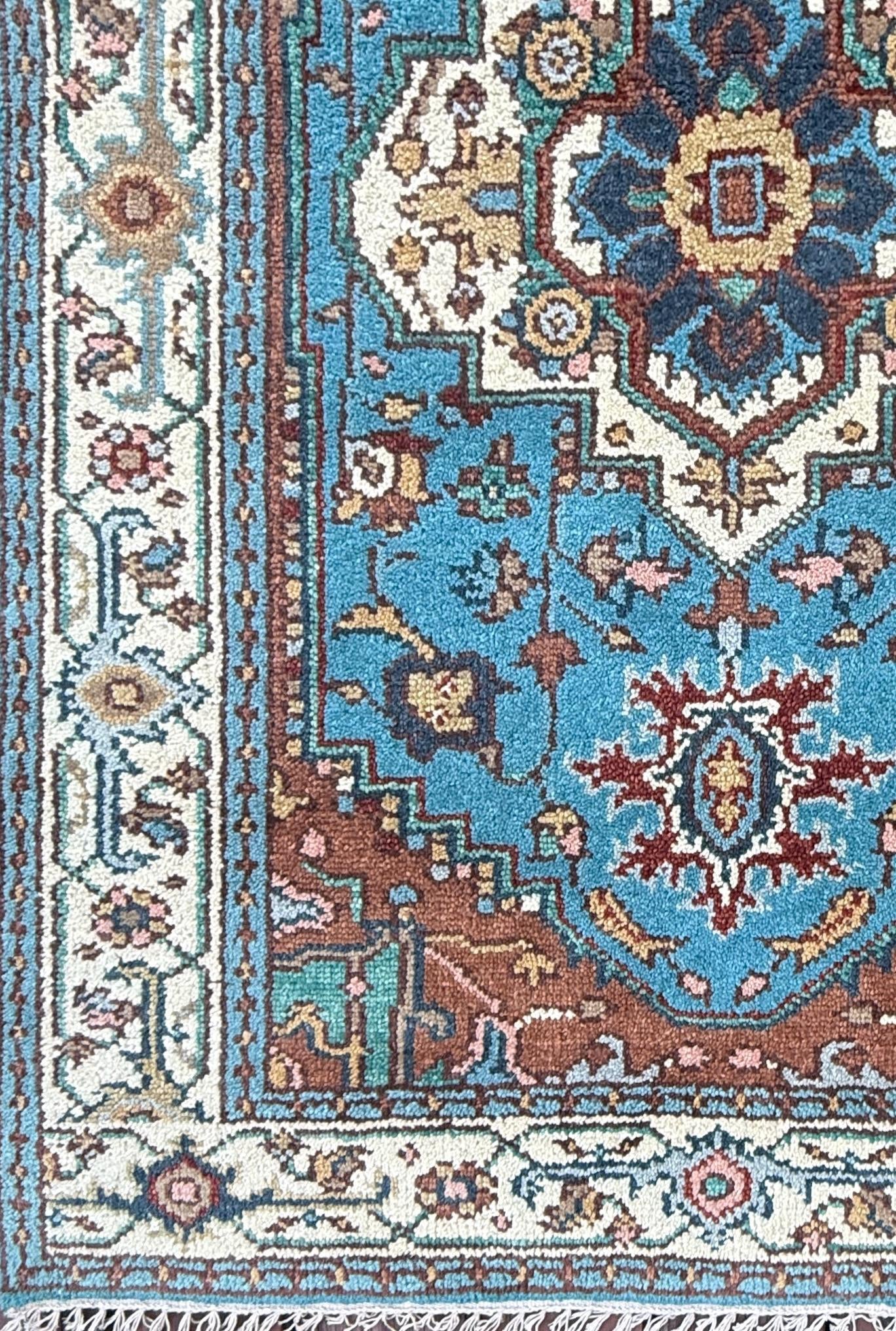Blue Heriz Style 4×6 Rug, Hand Knotted Wool Turkish Medallion Carpet