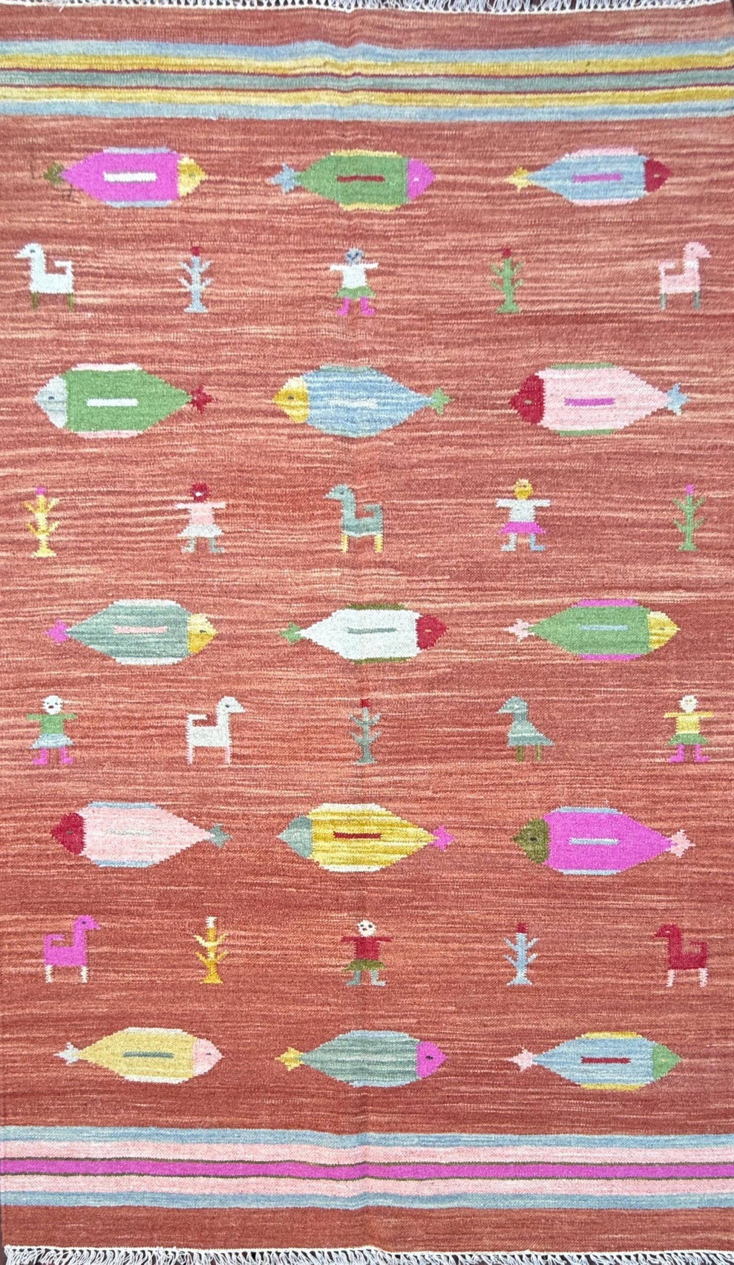 Modern Anatolian Kilim 5×8, Geometric Fish Design, Flatweave Wool Tribal, Boho Interior Accent