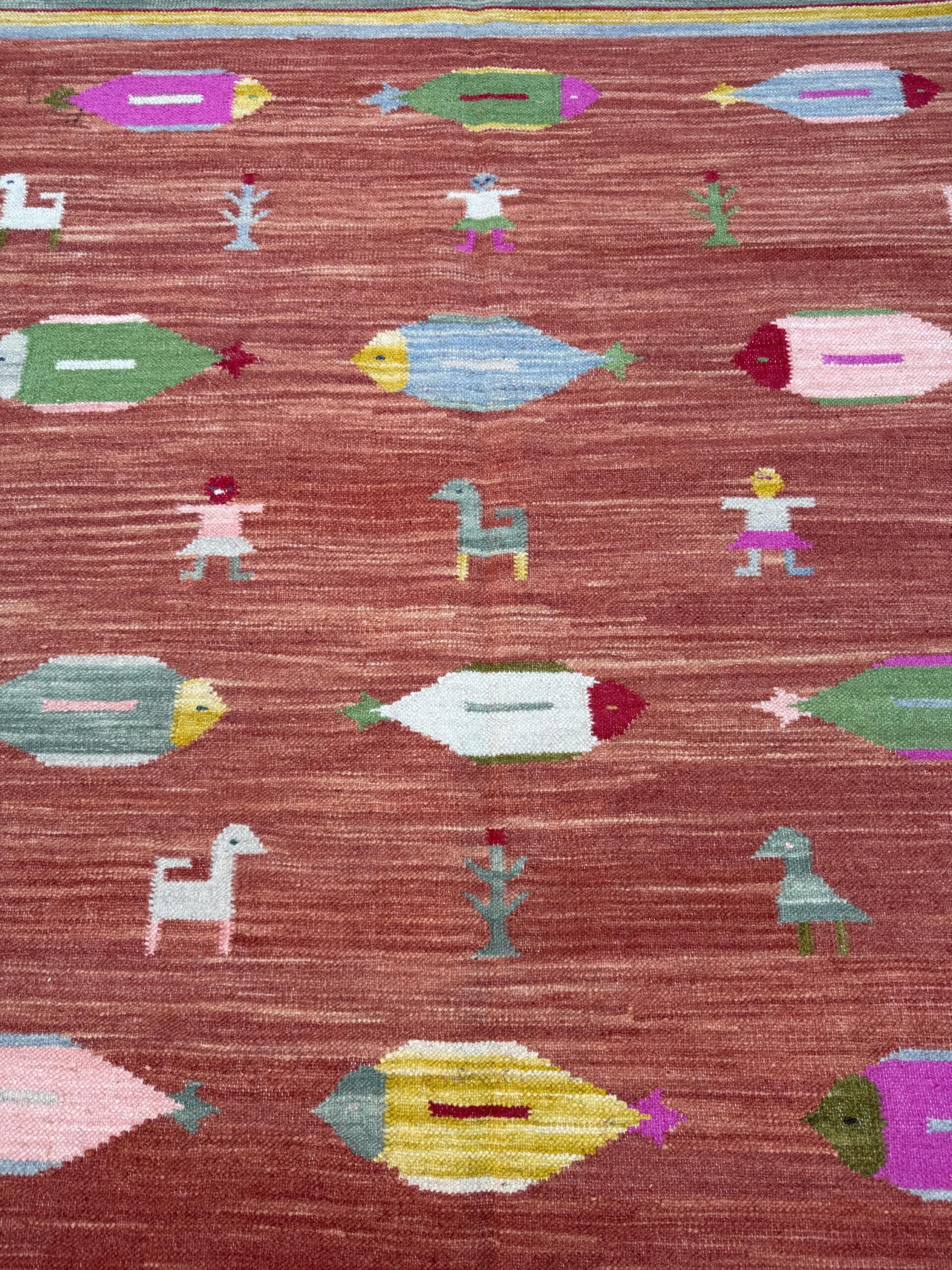 Modern Anatolian Kilim 5×8, Geometric Fish Design, Flatweave Wool Tribal, Boho Interior Accent