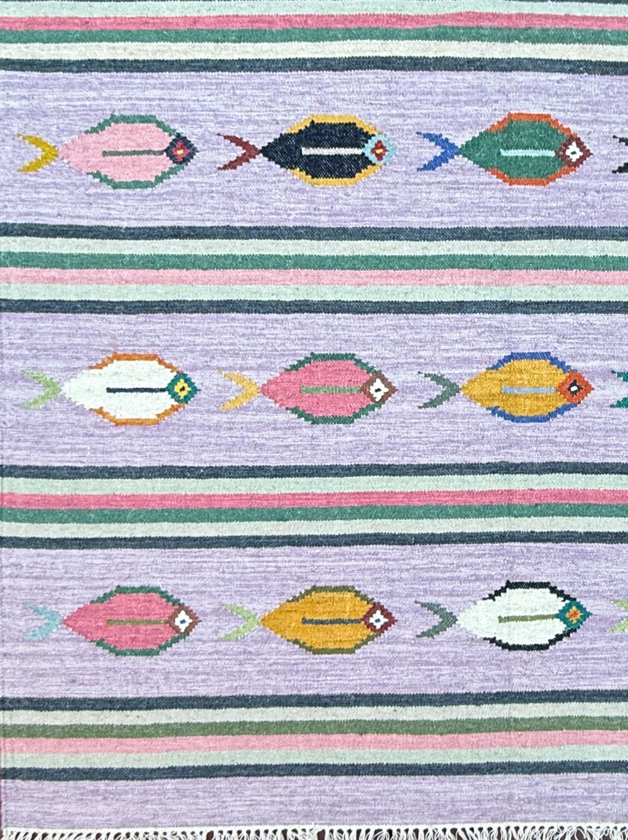Modern Anatolian Kilim 6×9, Flatweave Wool Fish Design, Handmade Geometric Boho Area Rug