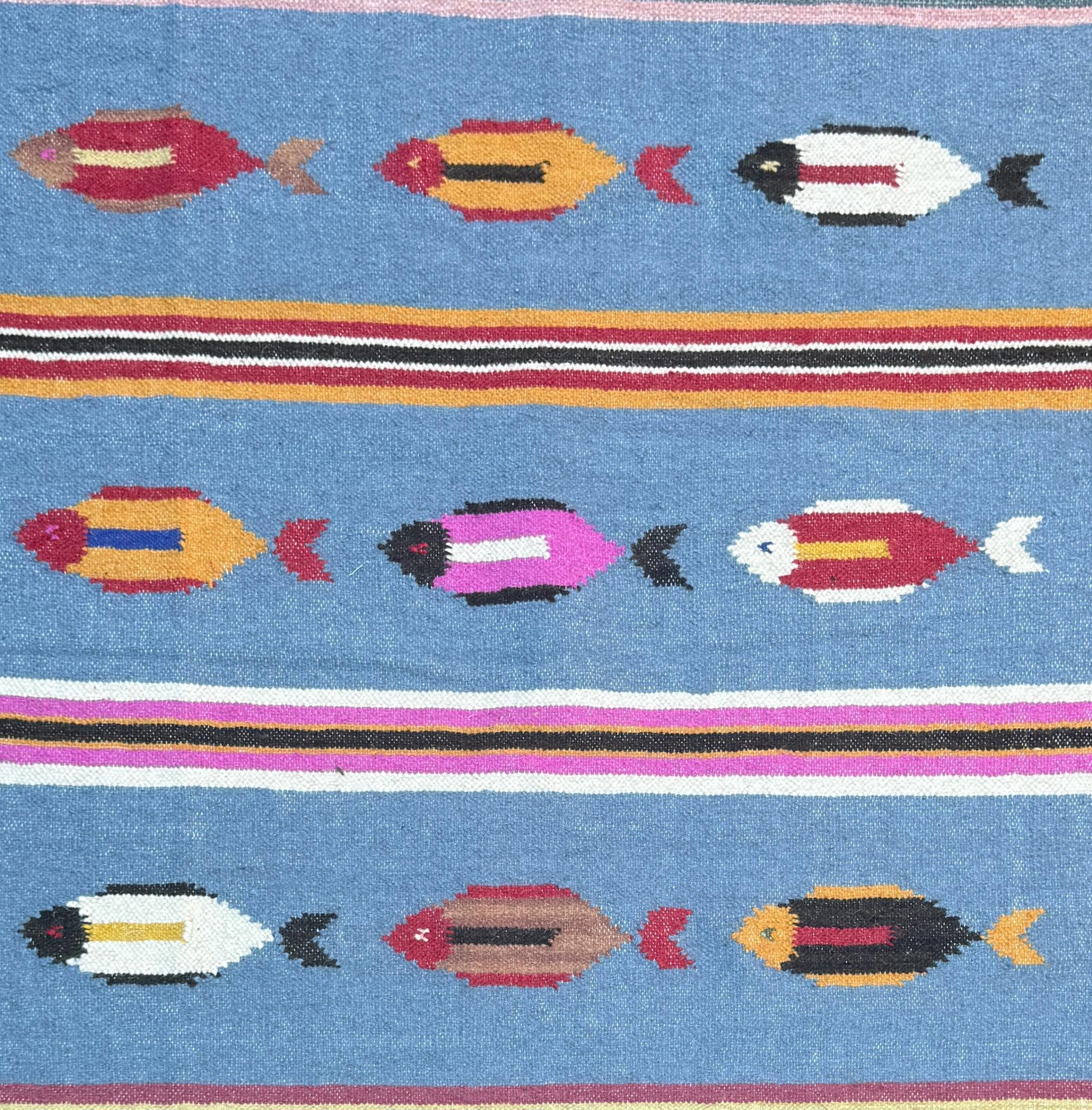 Turkish Kilim 4×6, Tree of Life Fish Design, Handmade Wool Bohemian Flatweave Accent Rug