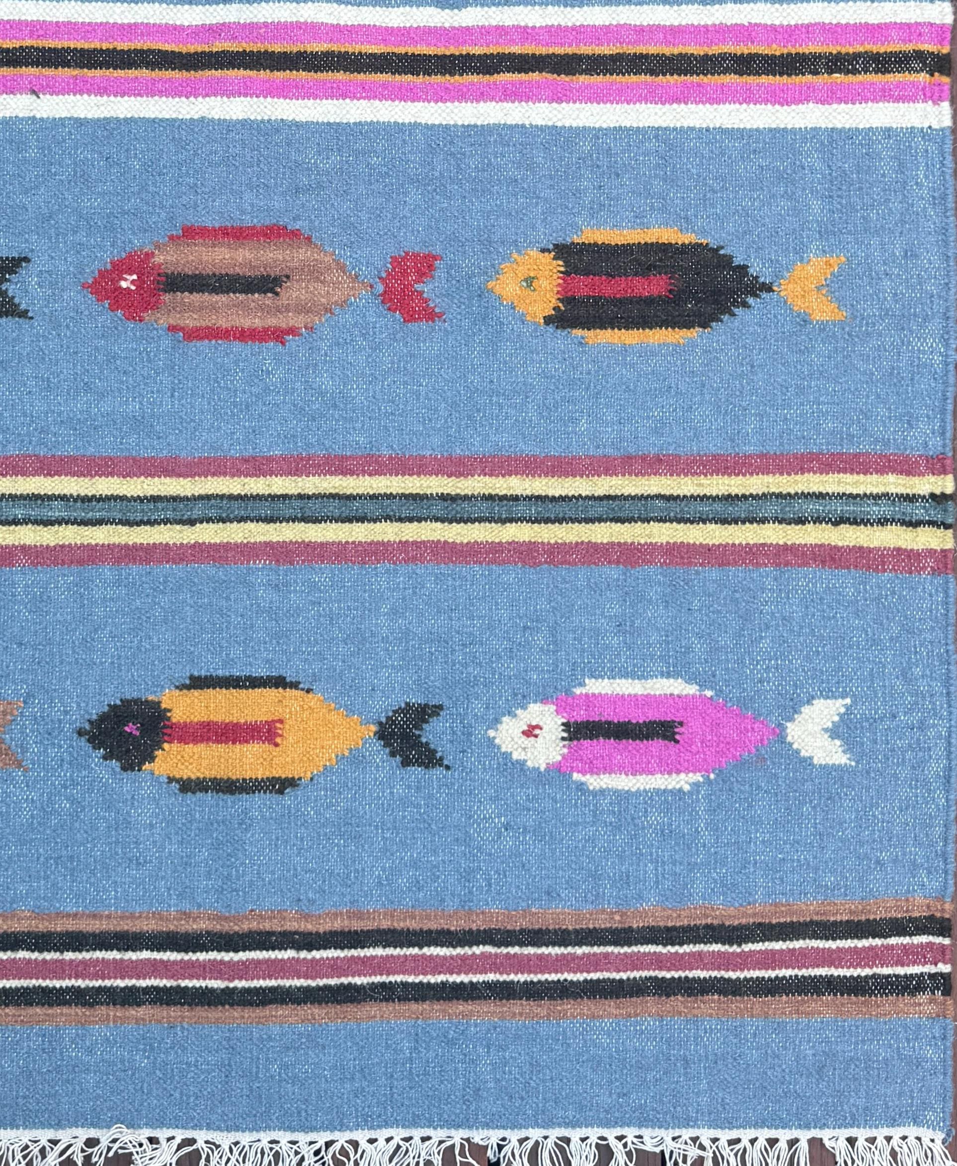 Turkish Kilim 4×6, Tree of Life Fish Design, Handmade Wool Bohemian Flatweave Accent Rug
