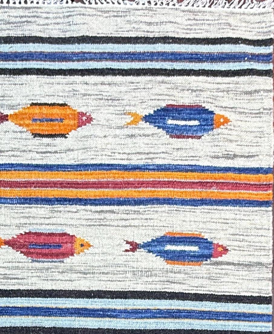Turkish Kilim 4×6, Fish Design Wool Bohemian Accent Rug, Handmade Anatolian Geometric Flatweave