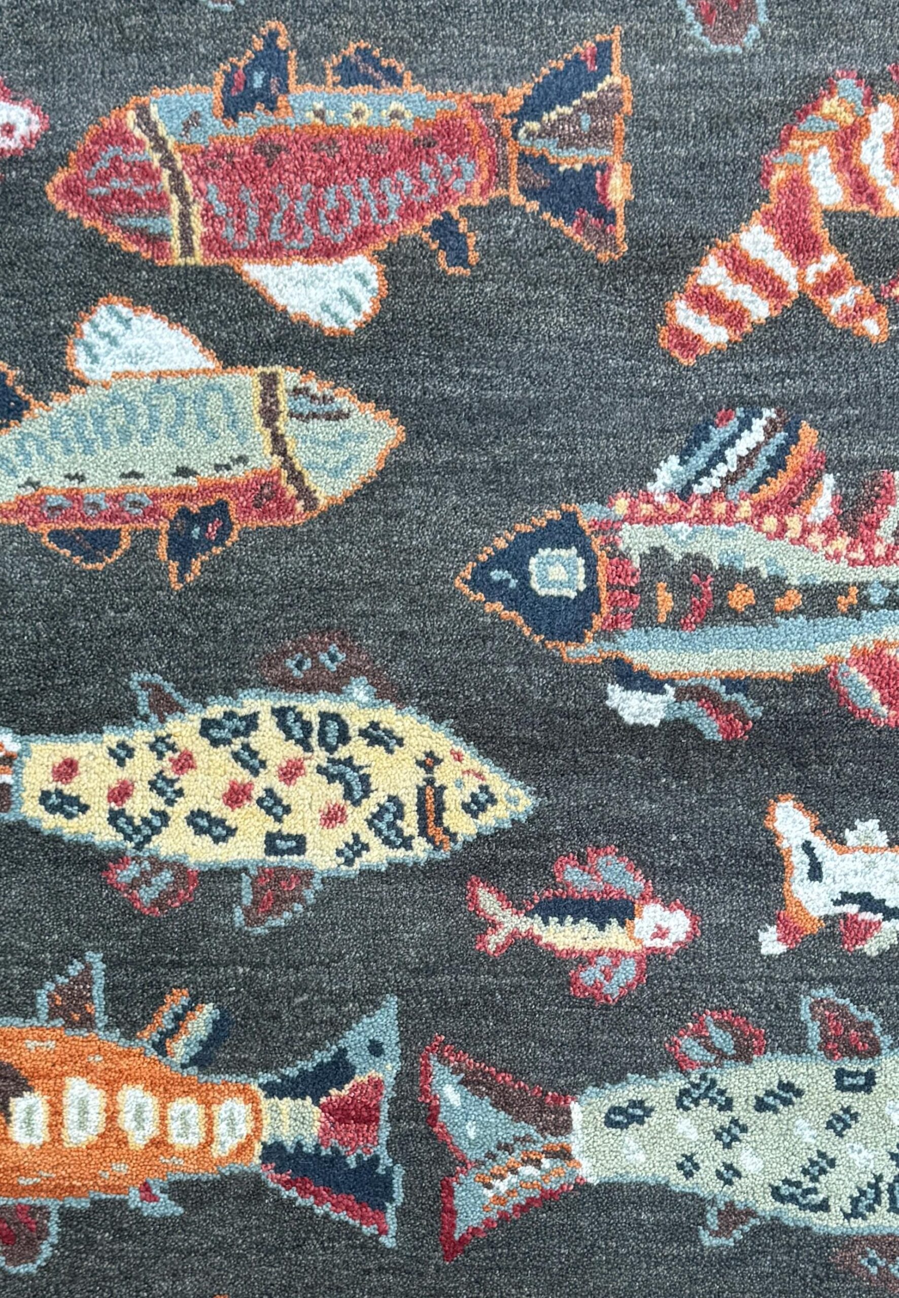 Modern Turkish Fish Design Rug 3×5.1, Hand Knotted Wool Sea Animal Pattern, Bohemian Accent