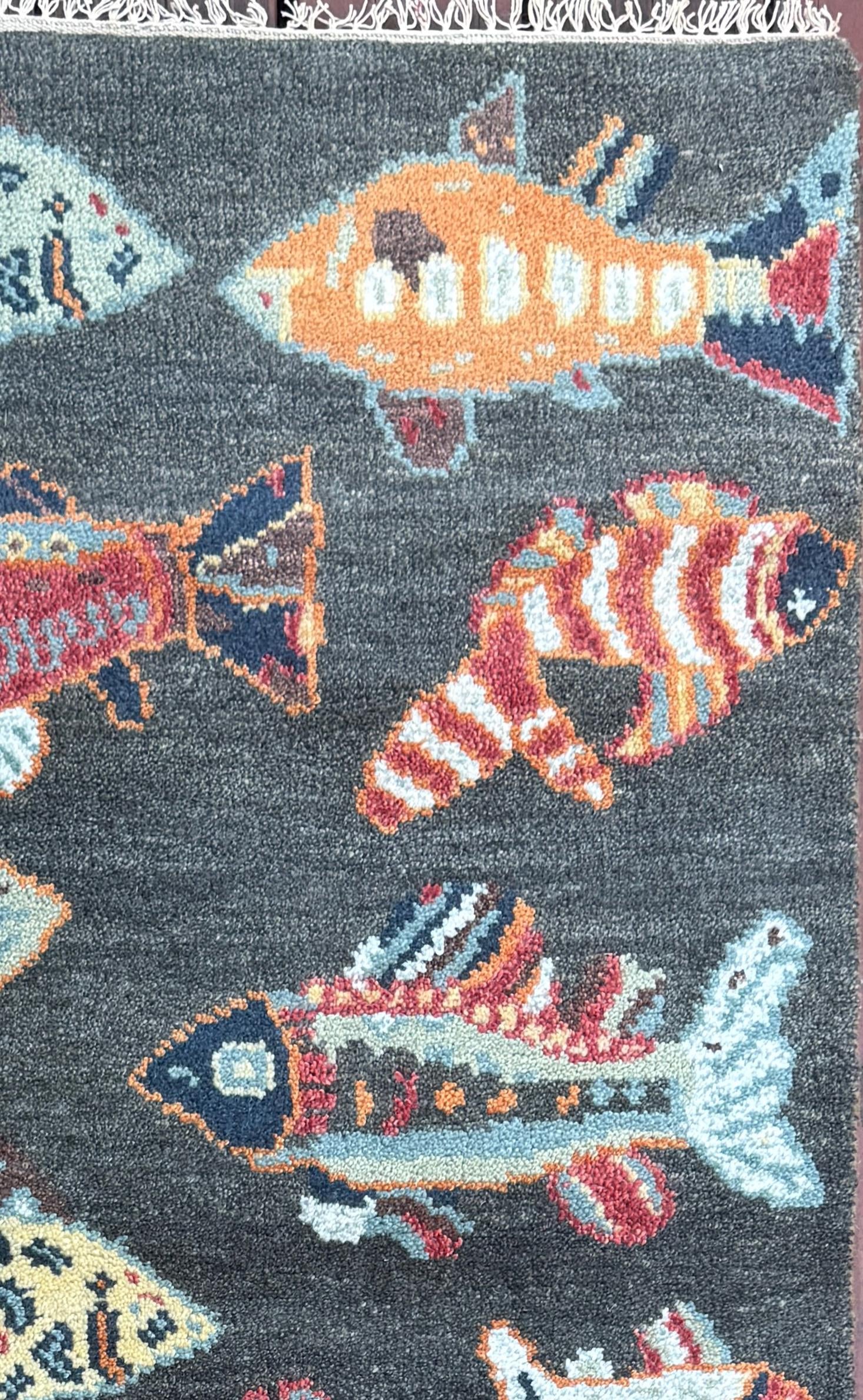 Modern Turkish Fish Design Rug 3×5.1, Hand Knotted Wool Sea Animal Pattern, Bohemian Accent