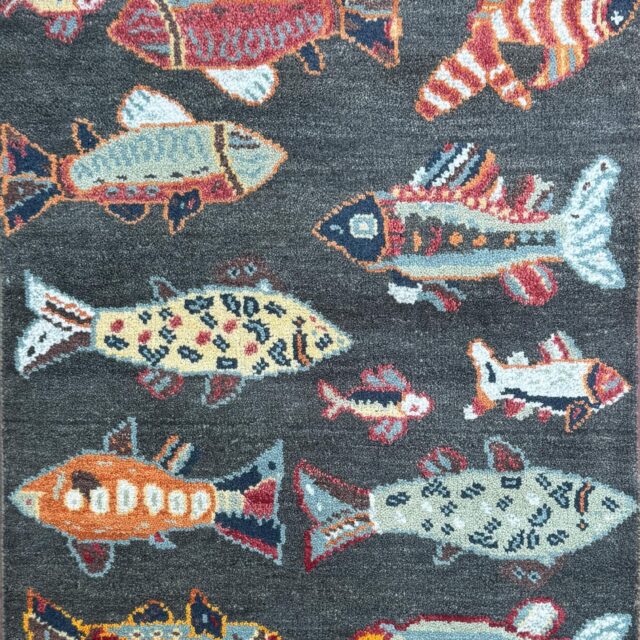 Modern Turkish Fish Design Rug 3×5.1, Hand Knotted Wool Sea Animal Pattern, Bohemian Accent