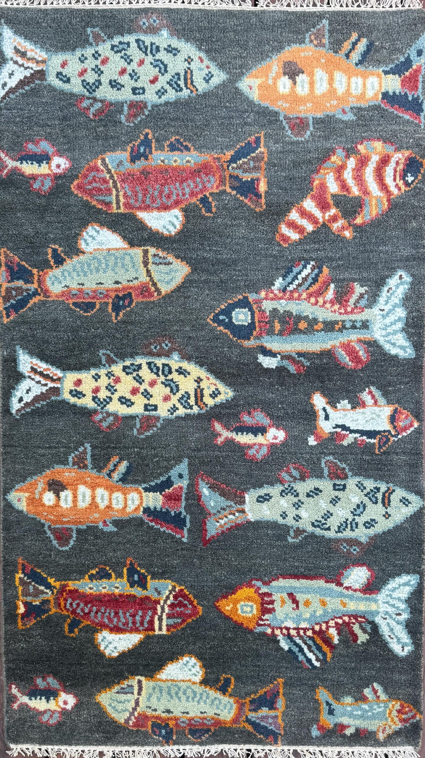 Modern Turkish Fish Design Rug 3×5.1, Hand Knotted Wool Sea Animal Pattern, Bohemian Accent