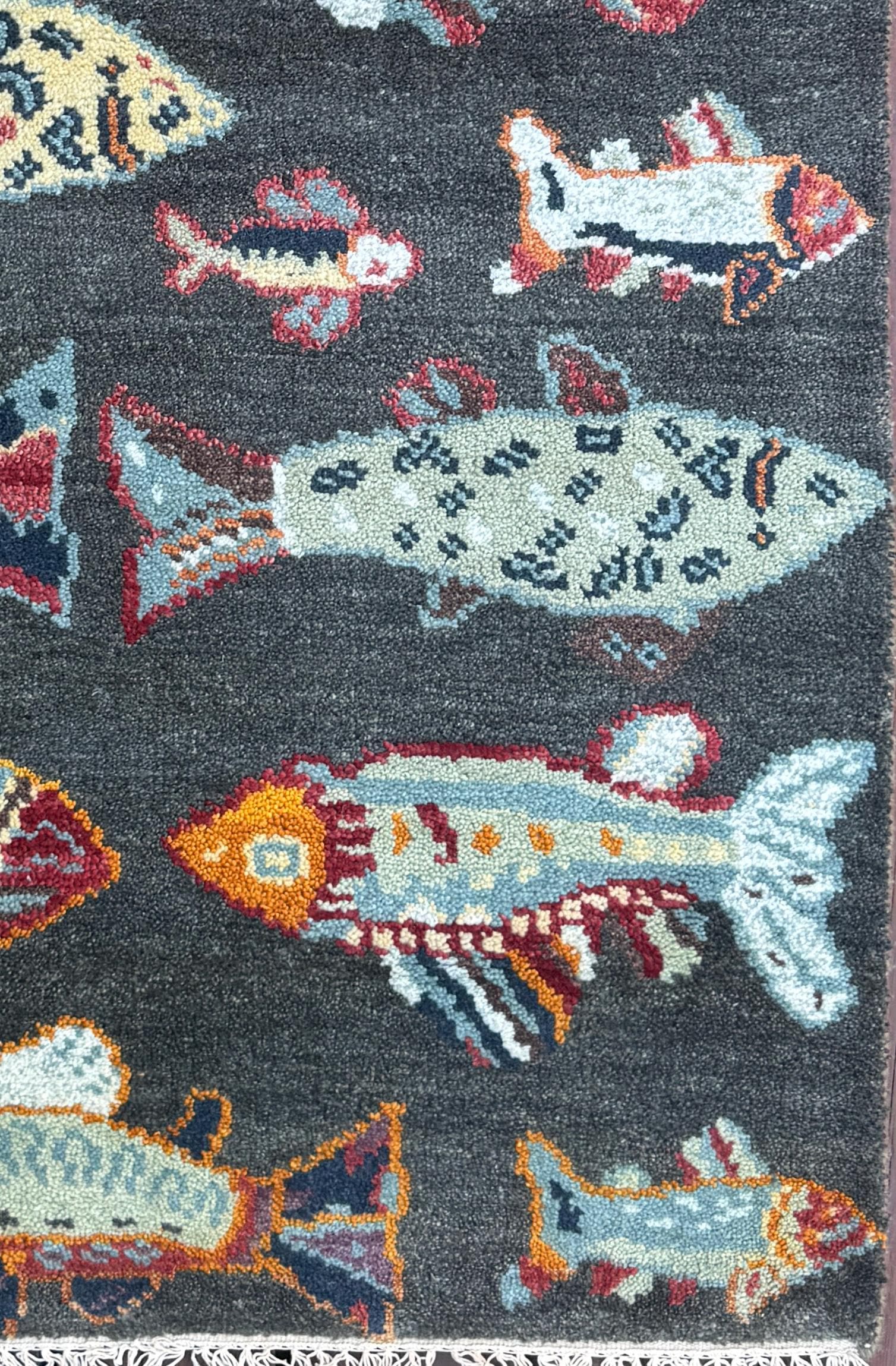 Modern Turkish Fish Design Rug 3×5.1, Hand Knotted Wool Sea Animal Pattern, Bohemian Accent