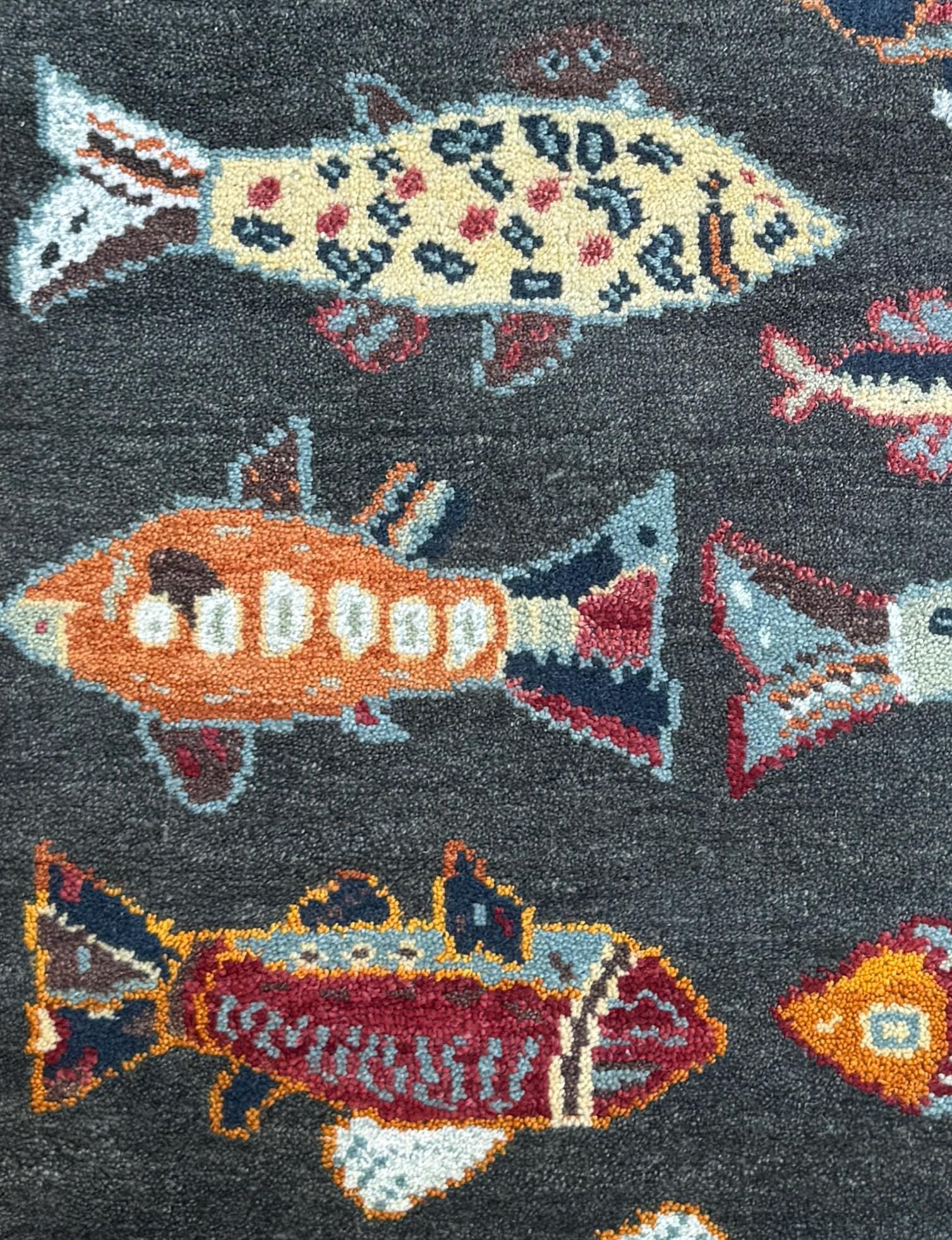 Modern Turkish Fish Design Rug 3×5.1, Hand Knotted Wool Sea Animal Pattern, Bohemian Accent