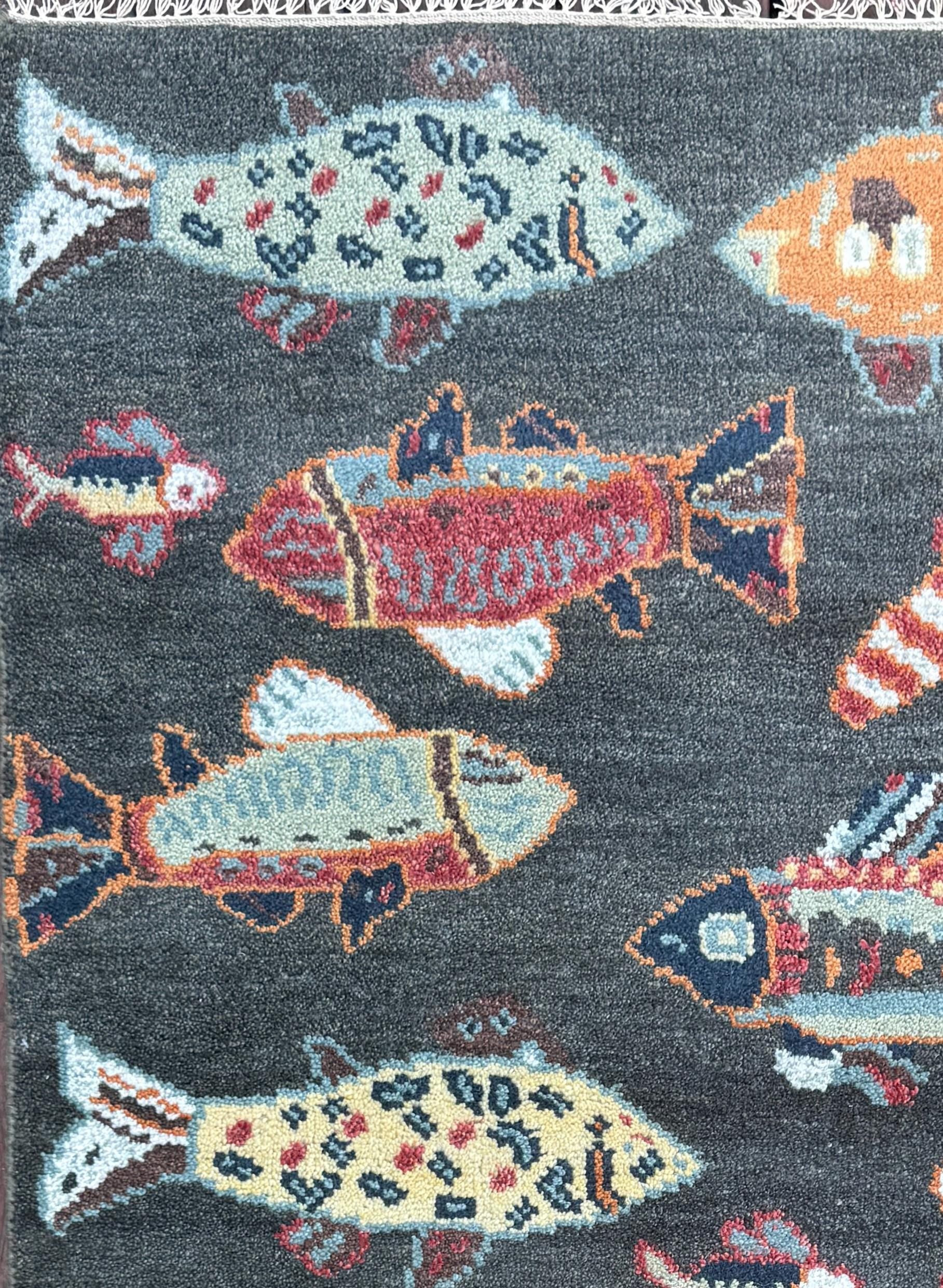 Modern Turkish Fish Design Rug 3×5.1, Hand Knotted Wool Sea Animal Pattern, Bohemian Accent