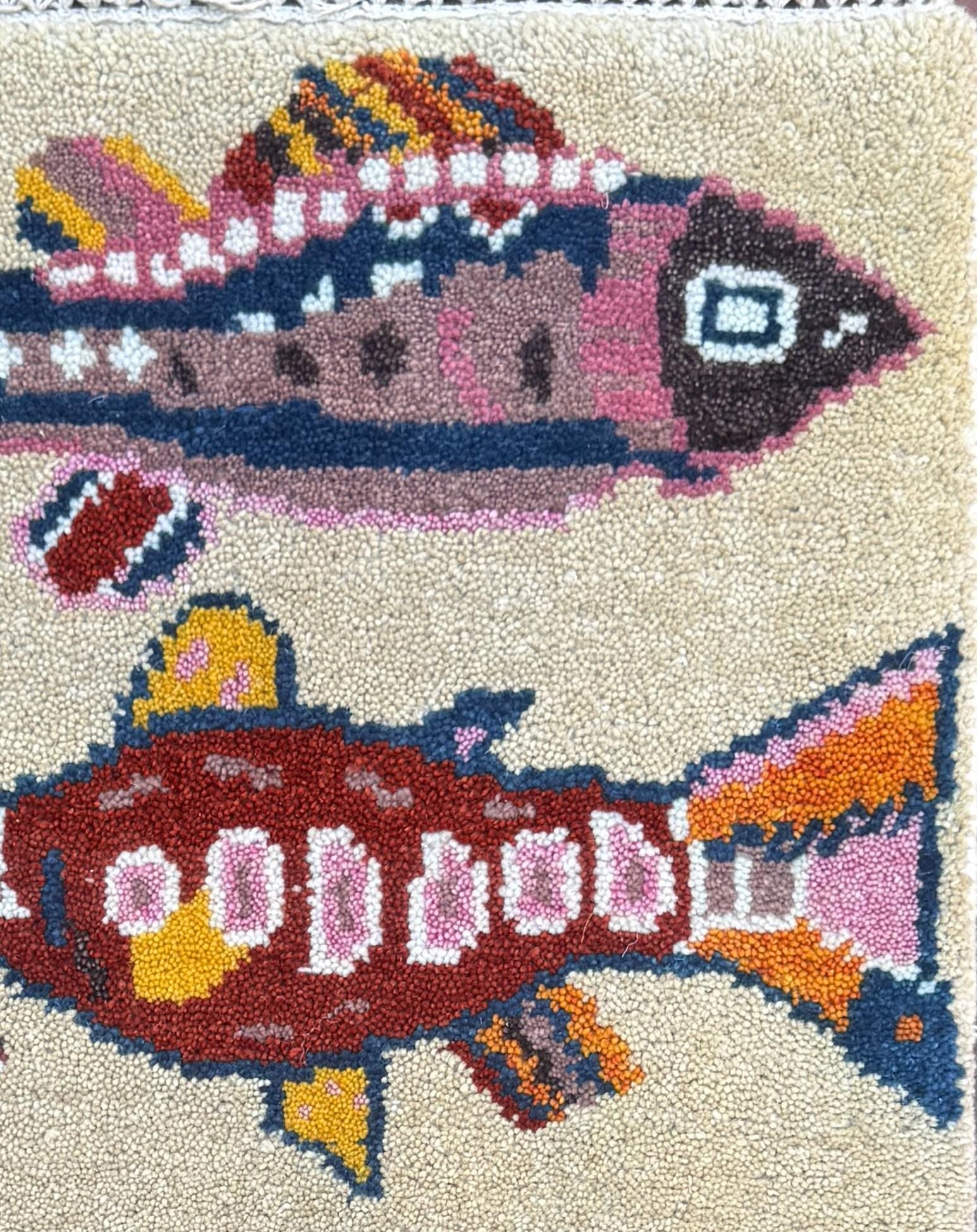Turkish Fish Design Rug 2×3, Handmade Wool Bohemian Oushak Inspired Accent