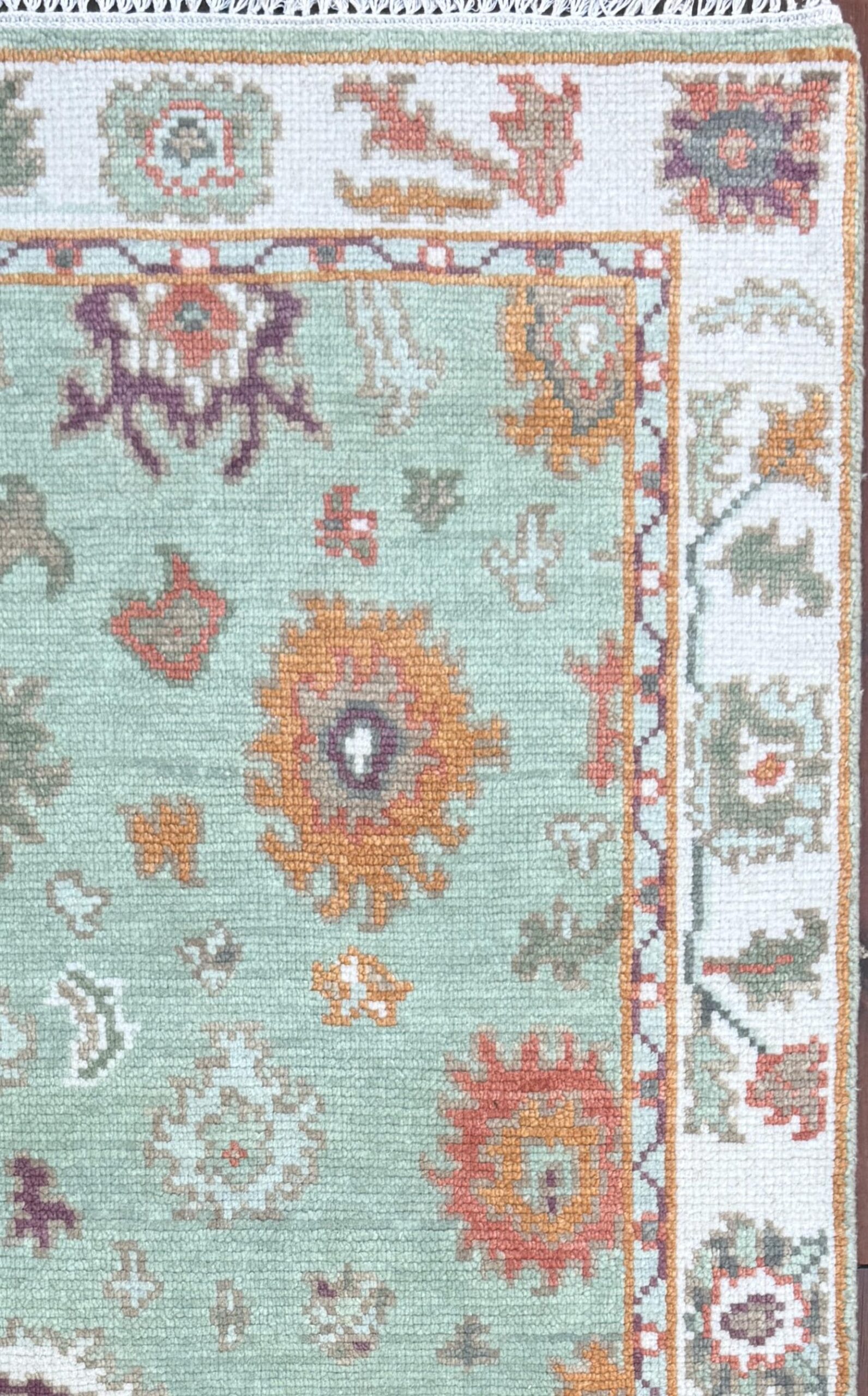 Turkish Oushak Style Rug 3×5, Sage Green Wool Bohemian Accent, Handmade Geometric Design