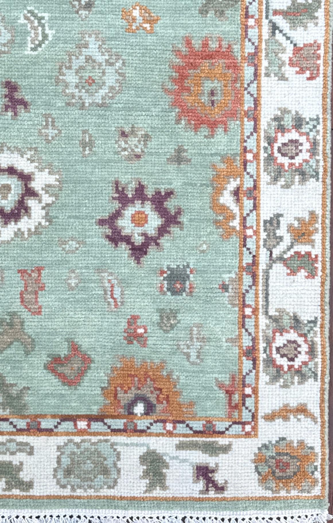Turkish Oushak Style Rug 3×5, Sage Green Wool Bohemian Accent, Handmade Geometric Design