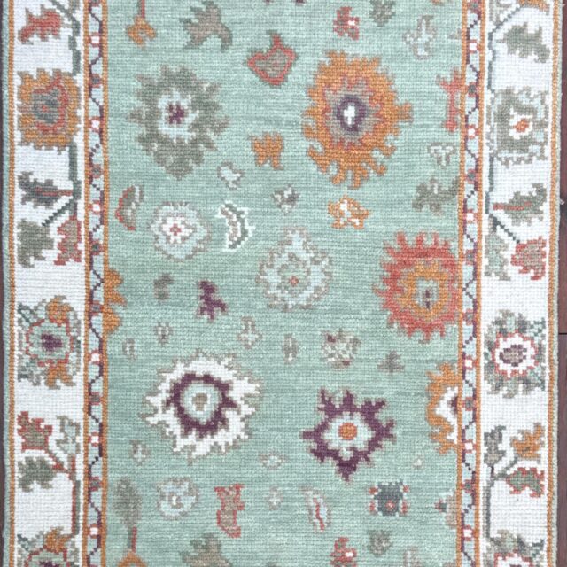 Turkish Oushak Style Rug 3×5, Sage Green Wool Bohemian Accent, Handmade Geometric Design
