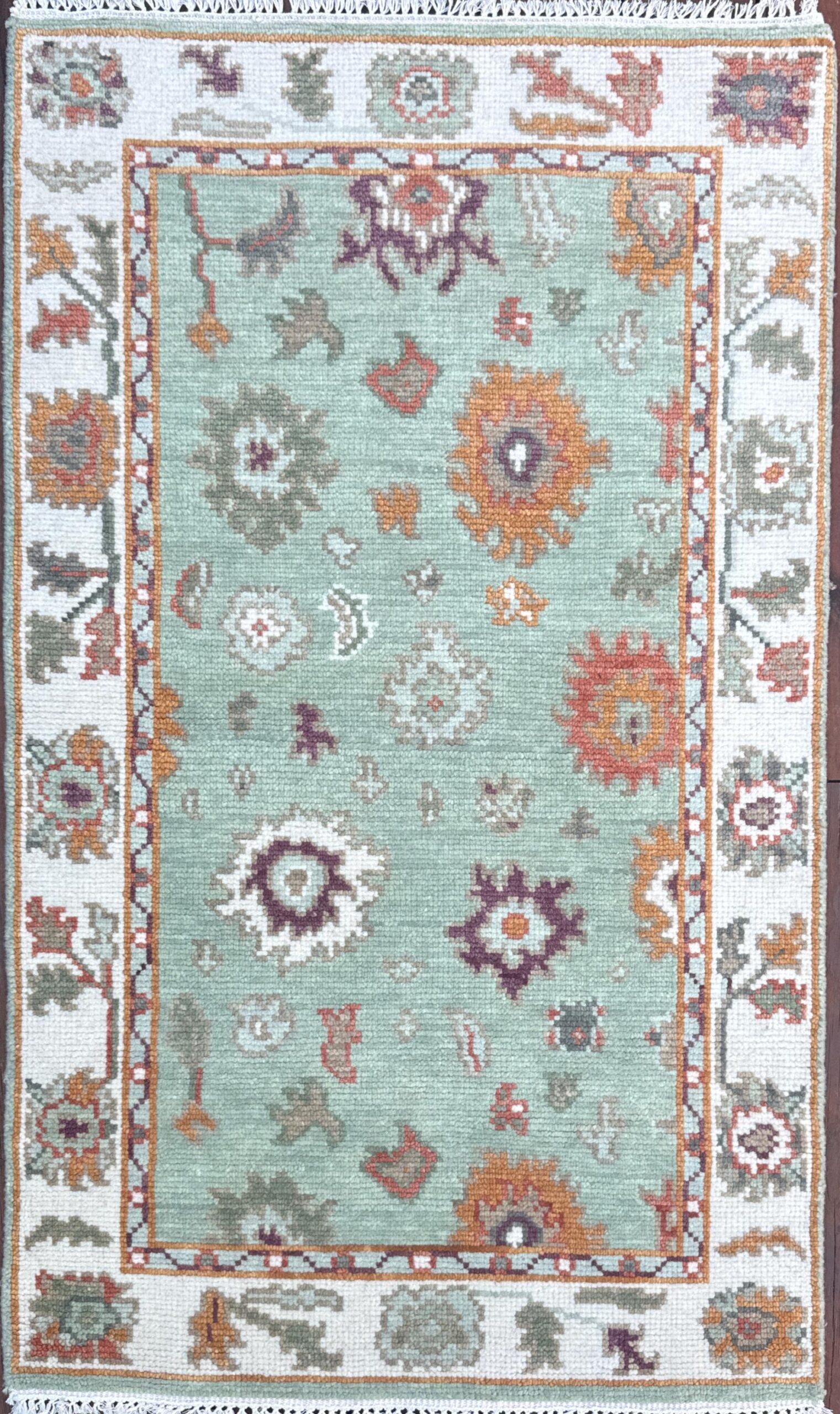 Turkish Oushak Style Rug 3×5, Sage Green Wool Bohemian Accent, Handmade Geometric Design