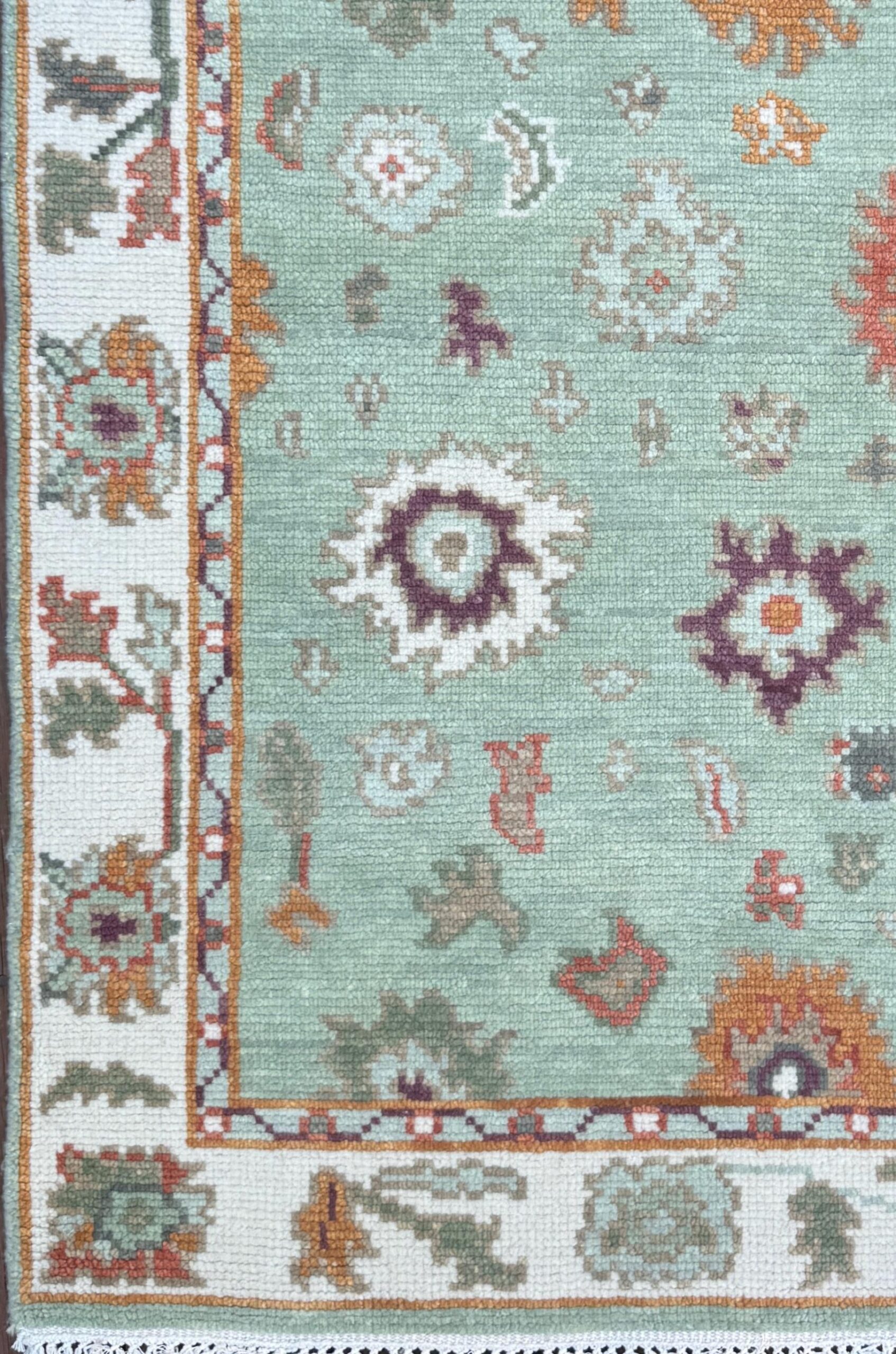 Turkish Oushak Style Rug 3×5, Sage Green Wool Bohemian Accent, Handmade Geometric Design