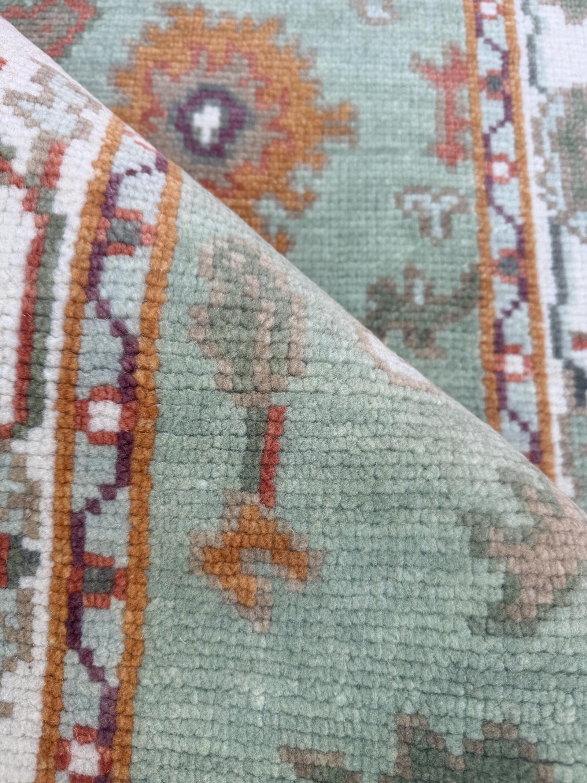 Turkish Oushak Style Rug 3×5, Sage Green Wool Bohemian Accent, Handmade Geometric Design