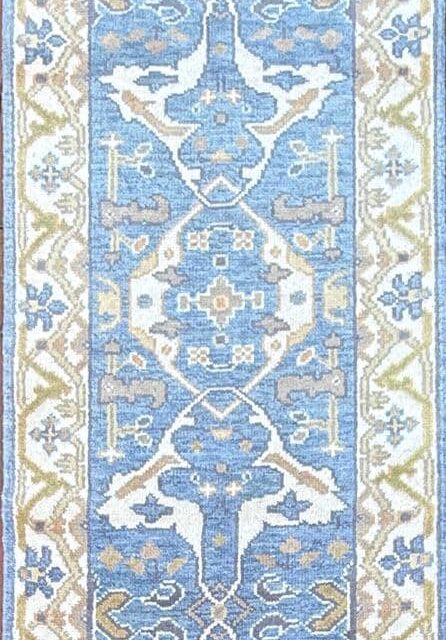 Turkish Oushak Style Runner 2.6×10, Blue Wool Bohemian Hallway Rug, Handmade Geometric Design