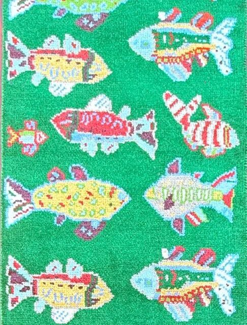 Turkish Fish Runner 2.5×8, Green Wool Sea Animal Design, Handmade Bohemian Hallway Rug