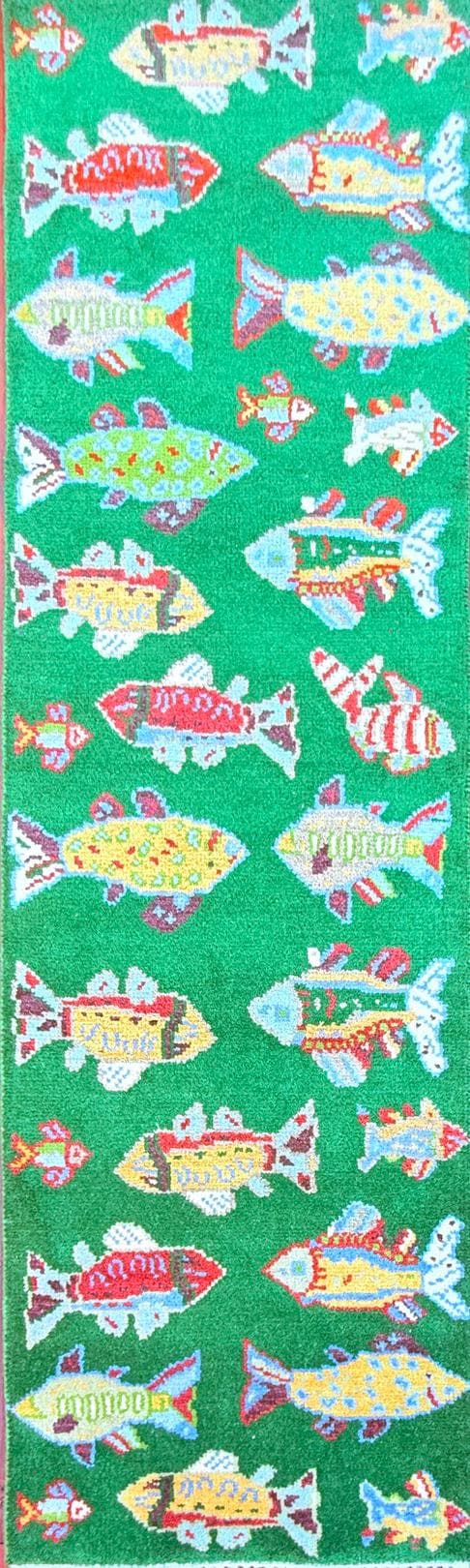 Turkish Fish Runner 2.5×8, Green Wool Sea Animal Design, Handmade Bohemian Hallway Rug