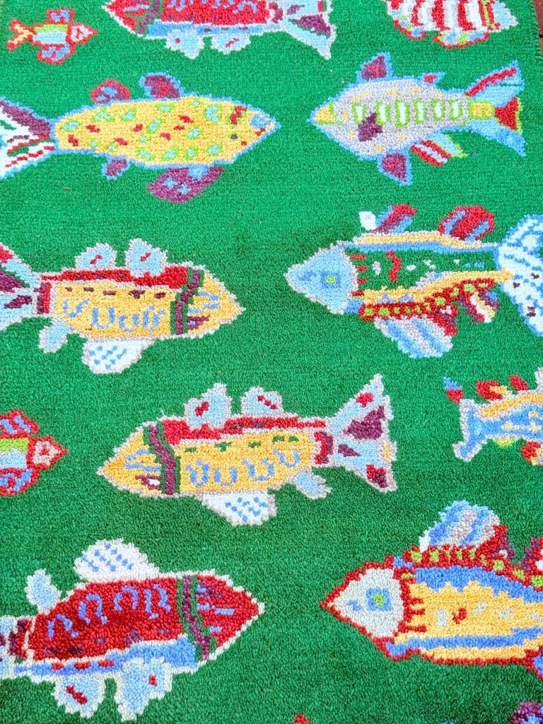 Turkish Fish Runner 2.5×8, Green Wool Sea Animal Design, Handmade Bohemian Hallway Rug