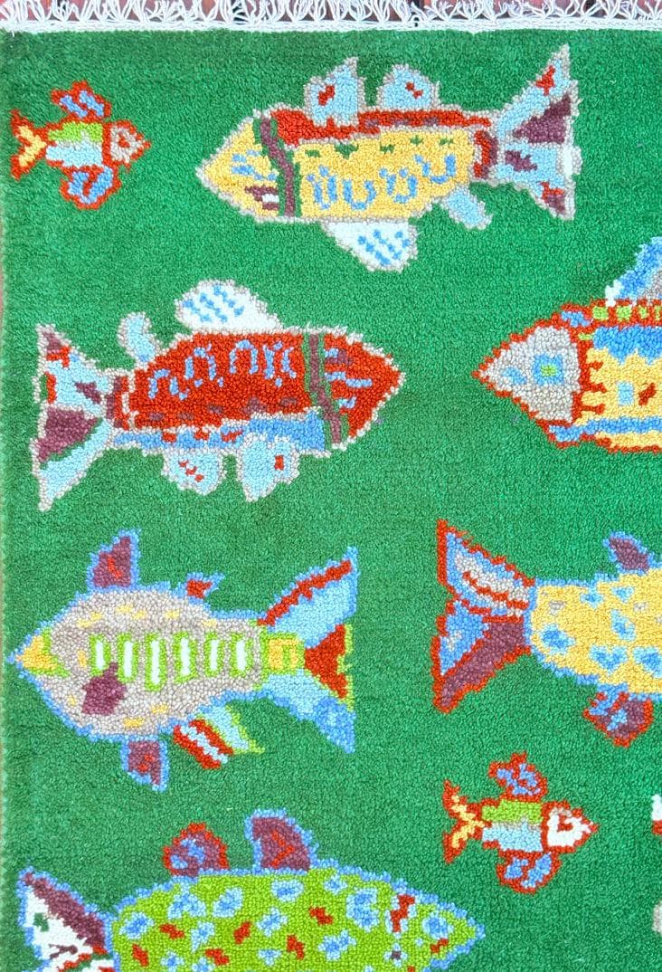 Turkish Fish Runner 2.5×8, Green Wool Sea Animal Design, Handmade Bohemian Hallway Rug