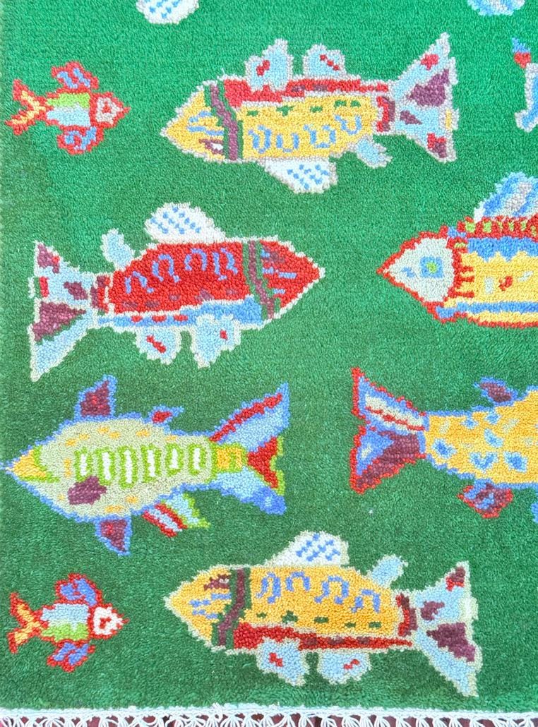 Turkish Fish Runner 2.5×8, Green Wool Sea Animal Design, Handmade Bohemian Hallway Rug