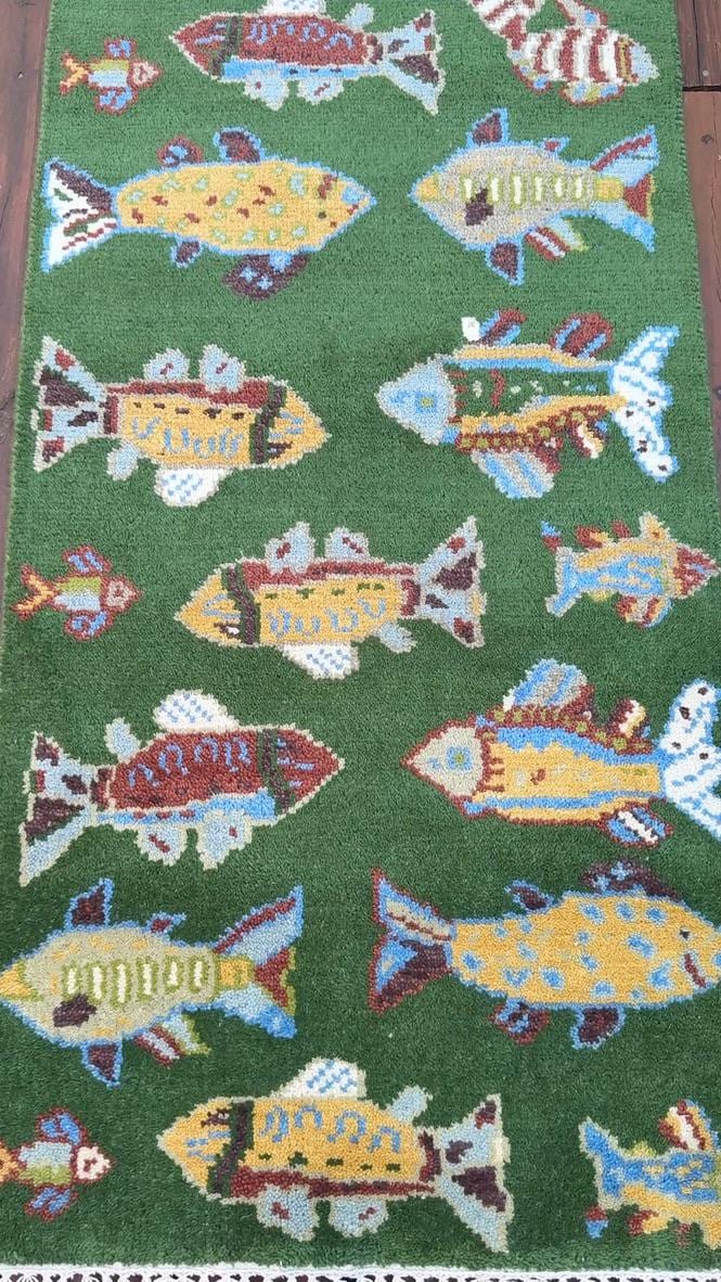 Turkish Fish Runner 2.5×8, Green Wool Sea Animal Design, Handmade Bohemian Hallway Rug
