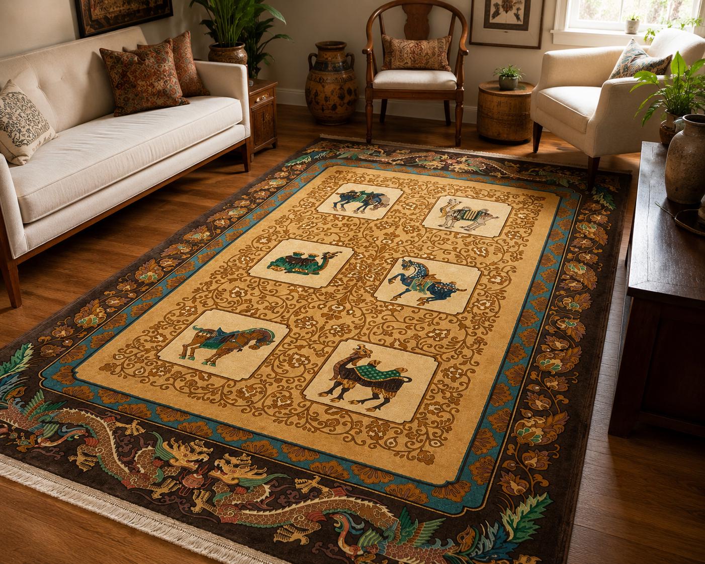 Vintage Chinese Pictorial Rug 6×10 Hand Knotted Wool Oriental Carpet Dragon Border