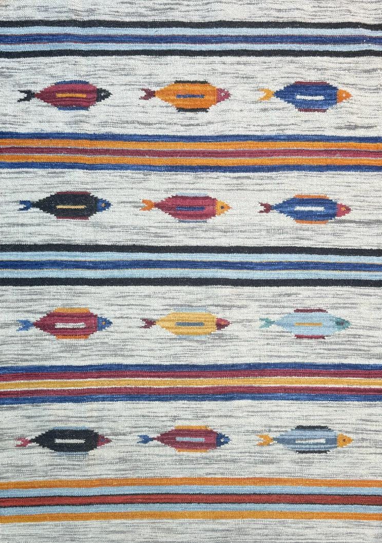 Turkish Kilim 4×6, Tree of Life Fish Design, Handmade Wool Bohemian Flatweave Accent Rug