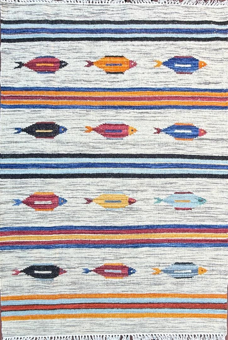 Turkish Kilim 4×6, Tree of Life Fish Design, Handmade Wool Bohemian Flatweave Accent Rug