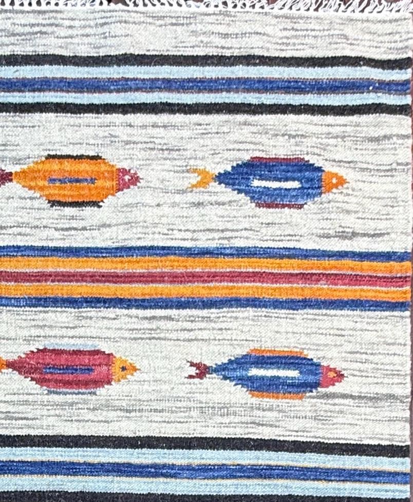 Turkish Kilim 4×6, Tree of Life Fish Design, Handmade Wool Bohemian Flatweave Accent Rug