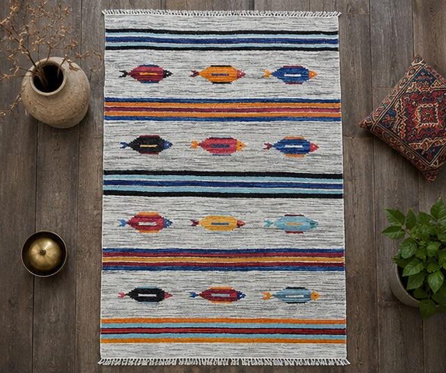 Turkish Kilim 4×6, Tree of Life Fish Design, Handmade Wool Bohemian Flatweave Accent Rug