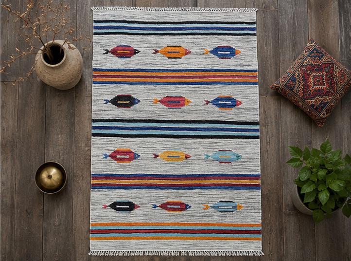 Turkish Kilim 4×6, Tree of Life Fish Design, Handmade Wool Bohemian Flatweave Accent Rug